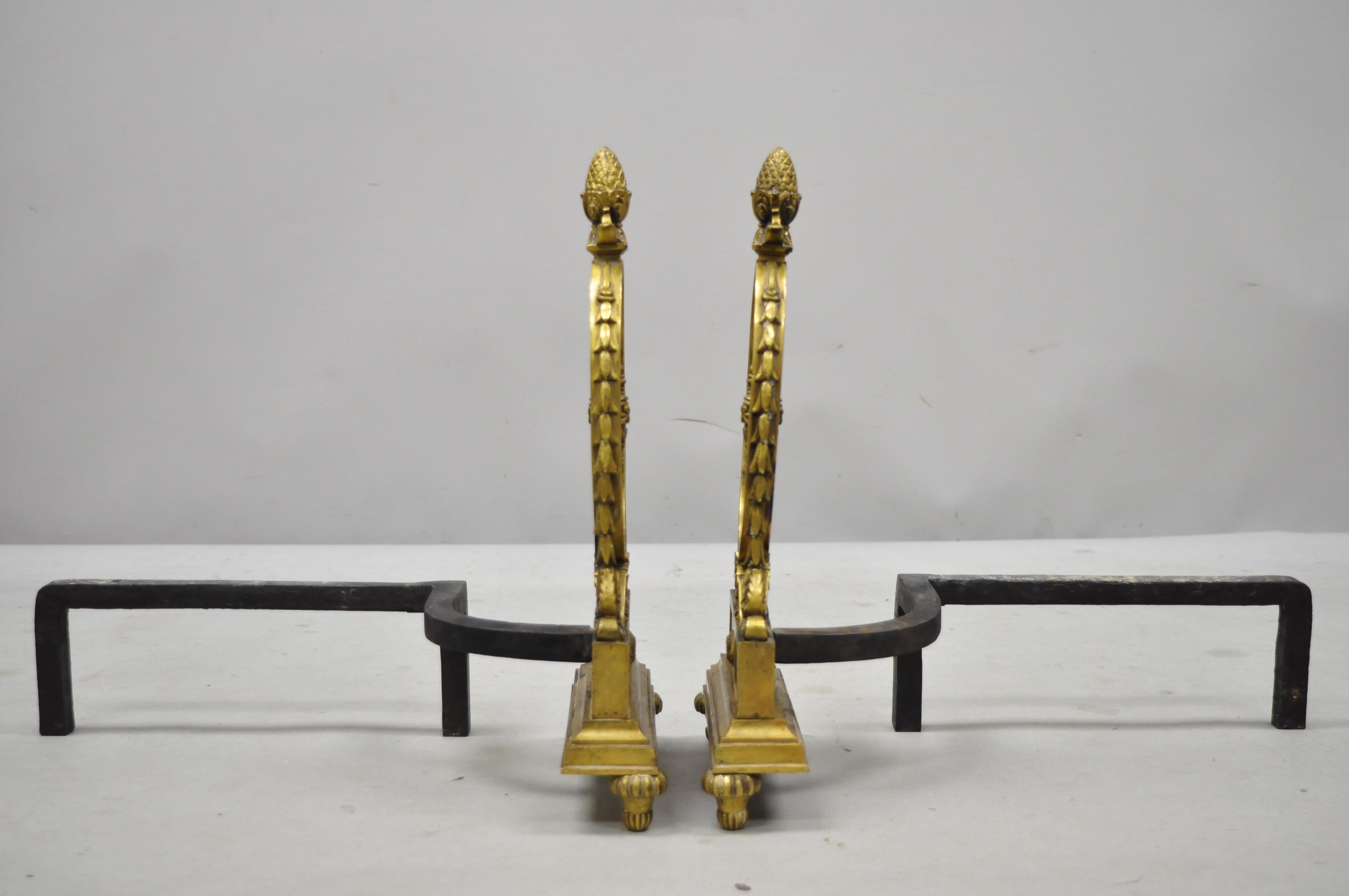 Pair of French Empire Sheraton Style Brass Bronze Urn Fireplace Andirons For Sale 7