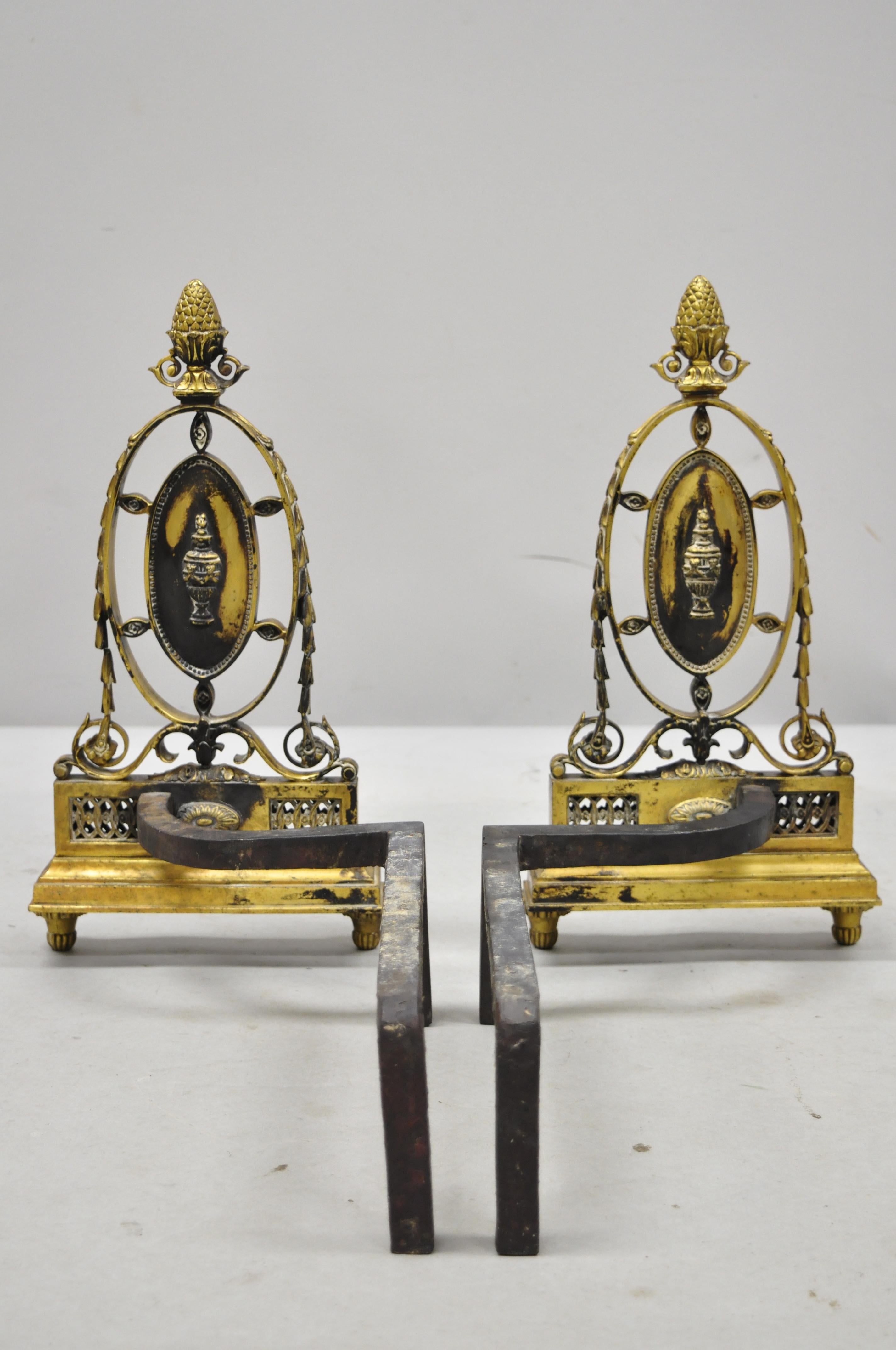 Pair of French Empire Sheraton Style Brass Bronze Urn Fireplace Andirons For Sale 5