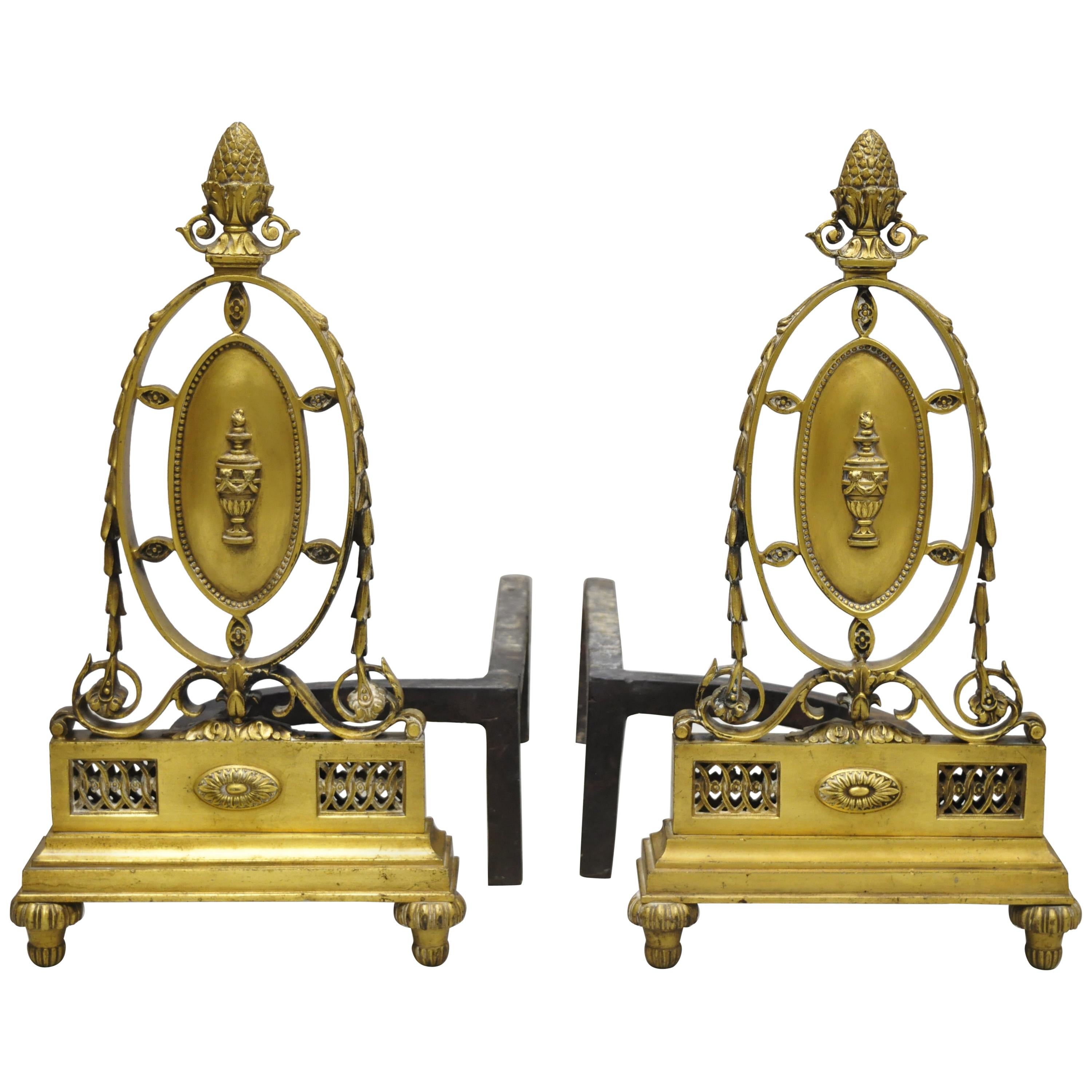 Pair of French Empire Sheraton Style Brass Bronze Urn Fireplace Andirons