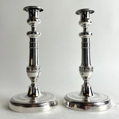 Pair of French Empire Silvered Bronze Candlesticks, 1820s