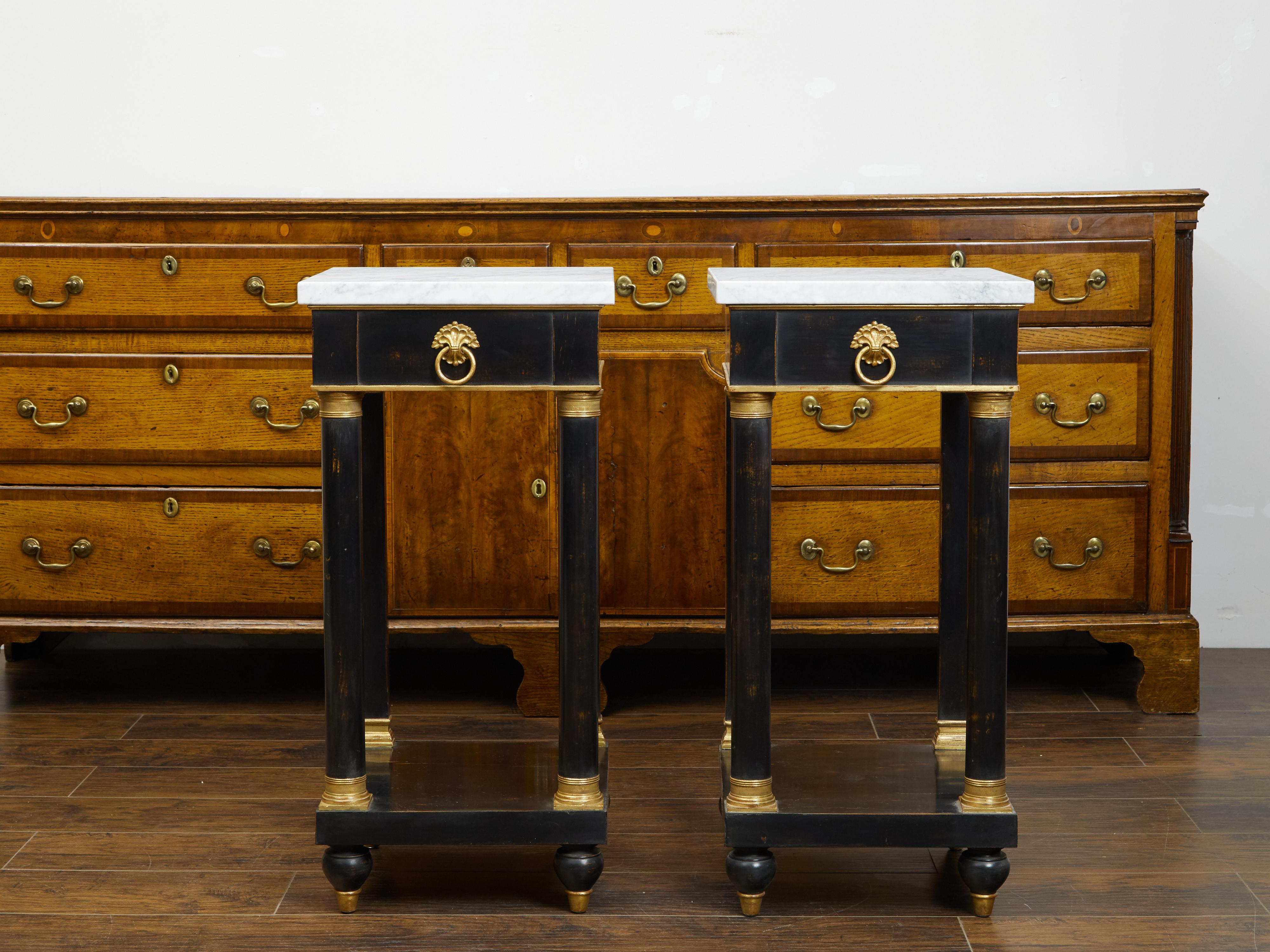 Pair of French Empire Style 1940s Ebonized Side Tables with Marble Tops In Good Condition For Sale In Atlanta, GA