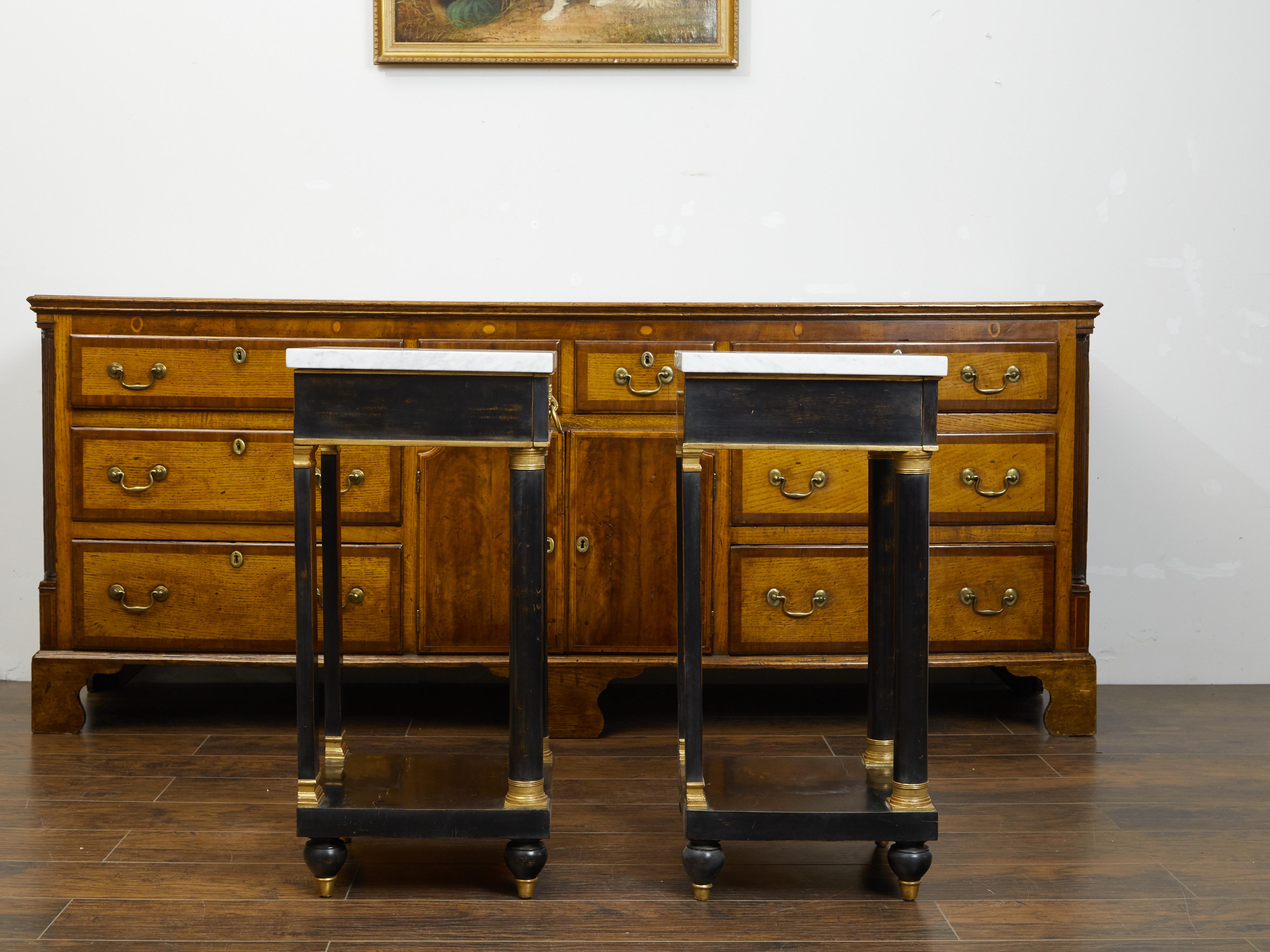 Pair of French Empire Style 1940s Ebonized Side Tables with Marble Tops For Sale 1