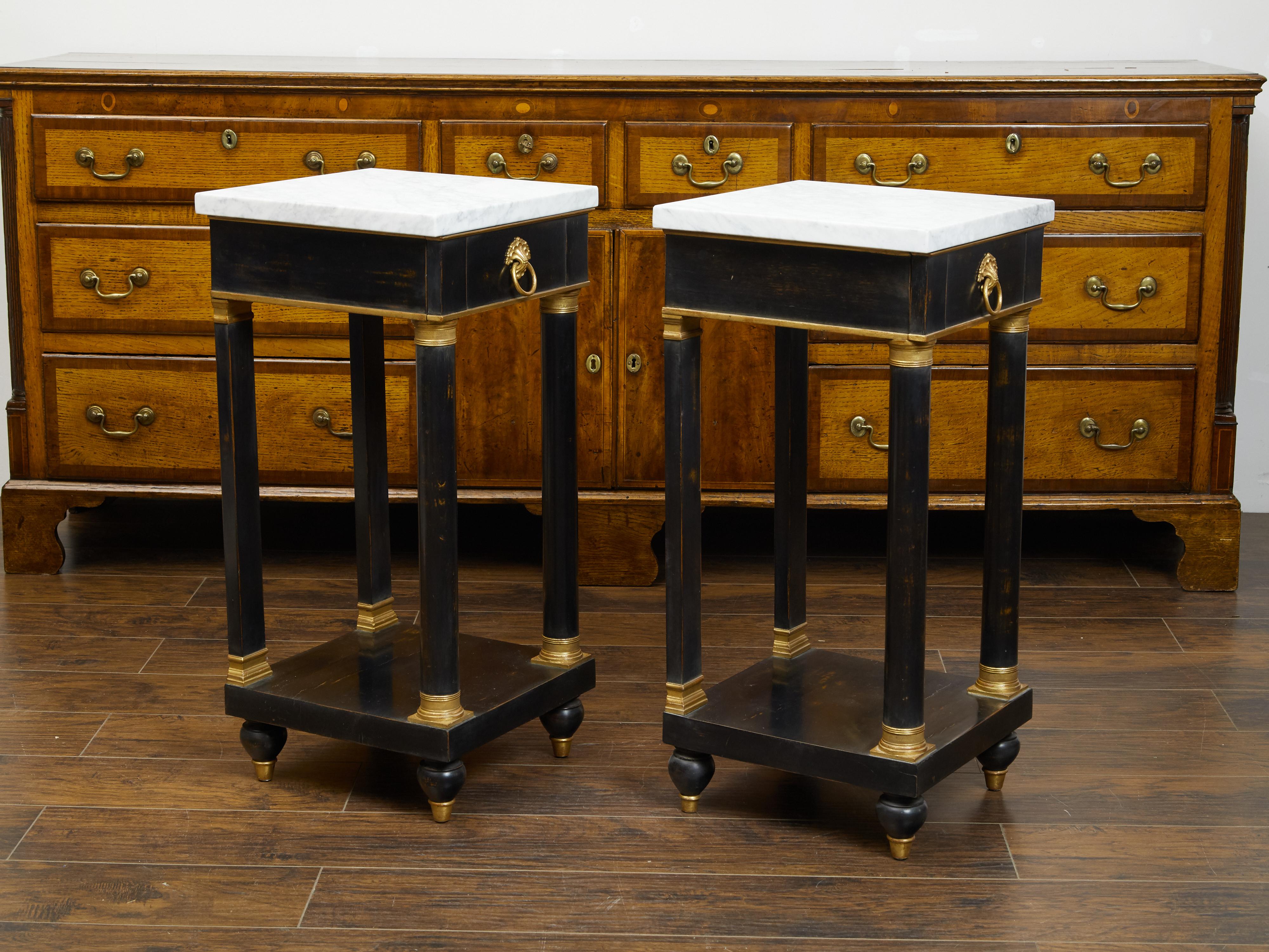 Pair of French Empire Style 1940s Ebonized Side Tables with Marble Tops For Sale 3
