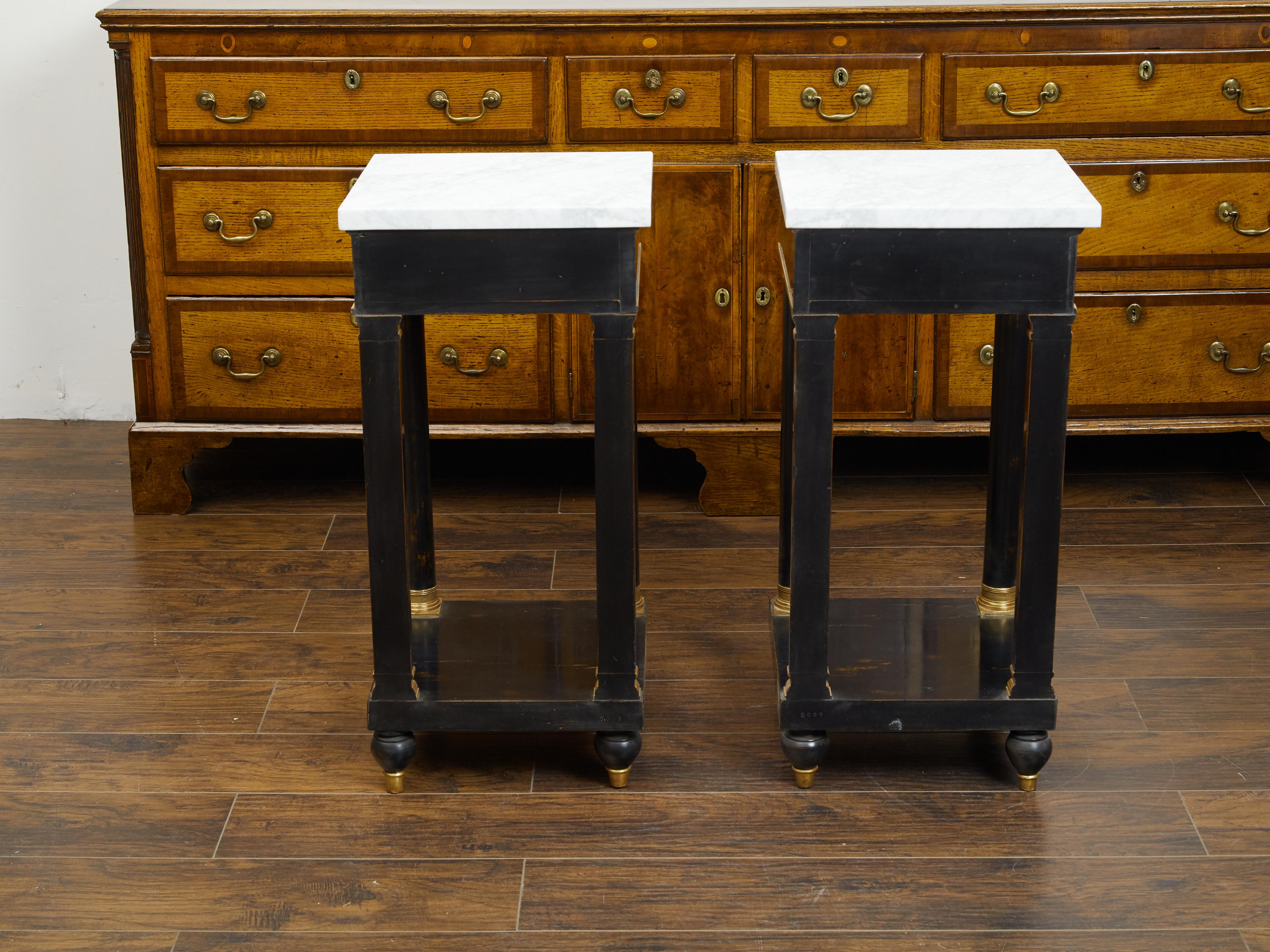 Pair of French Empire Style 1940s Ebonized Side Tables with Marble Tops For Sale 4