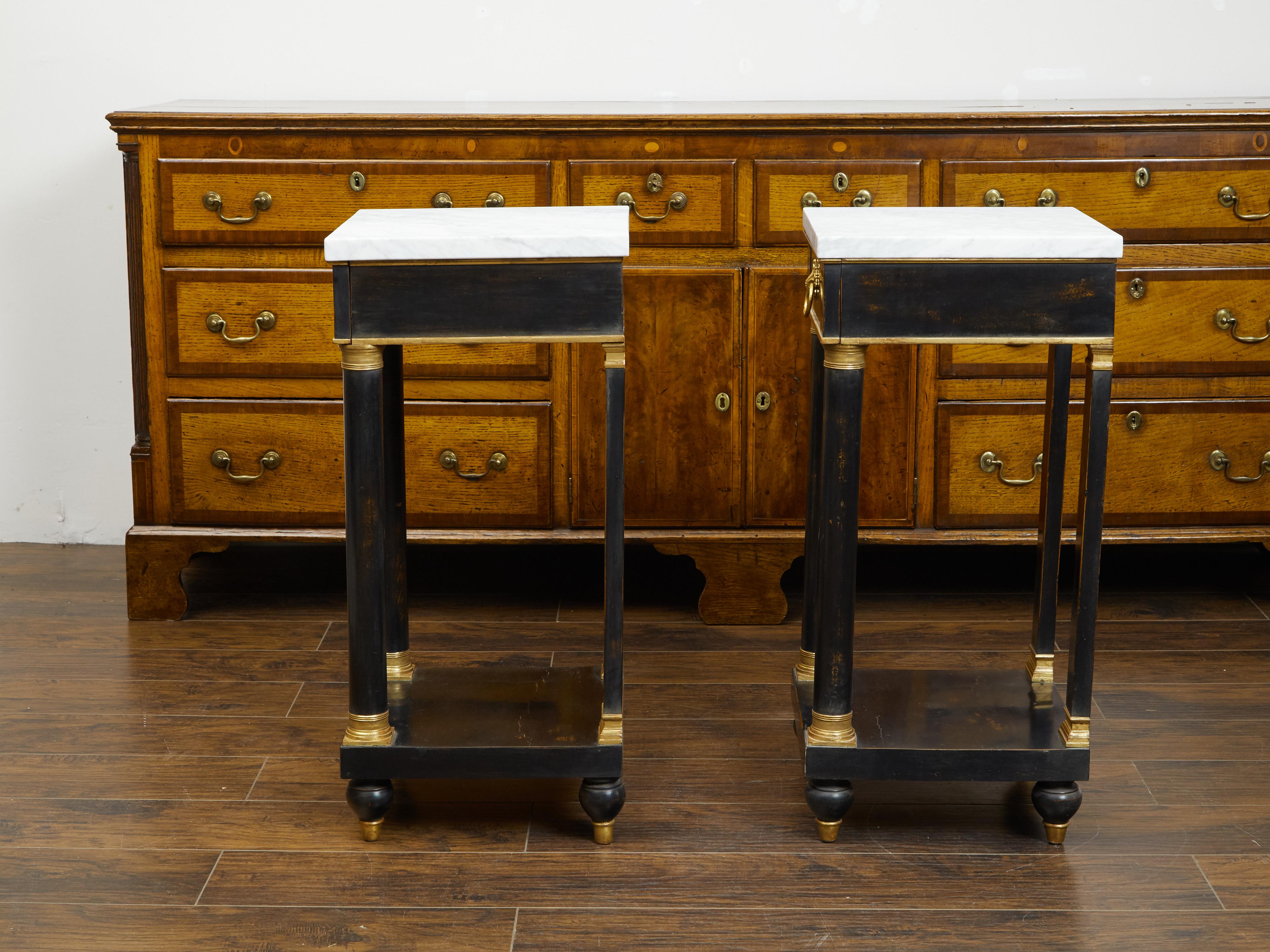 Pair of French Empire Style 1940s Ebonized Side Tables with Marble Tops For Sale 5