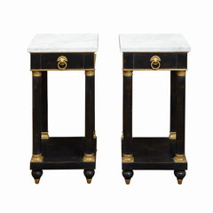 Vintage Pair of French Empire Style 1940s Ebonized Side Tables with Marble Tops