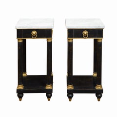 Used Pair of French Empire Style 1940s Ebonized Side Tables with Marble Tops