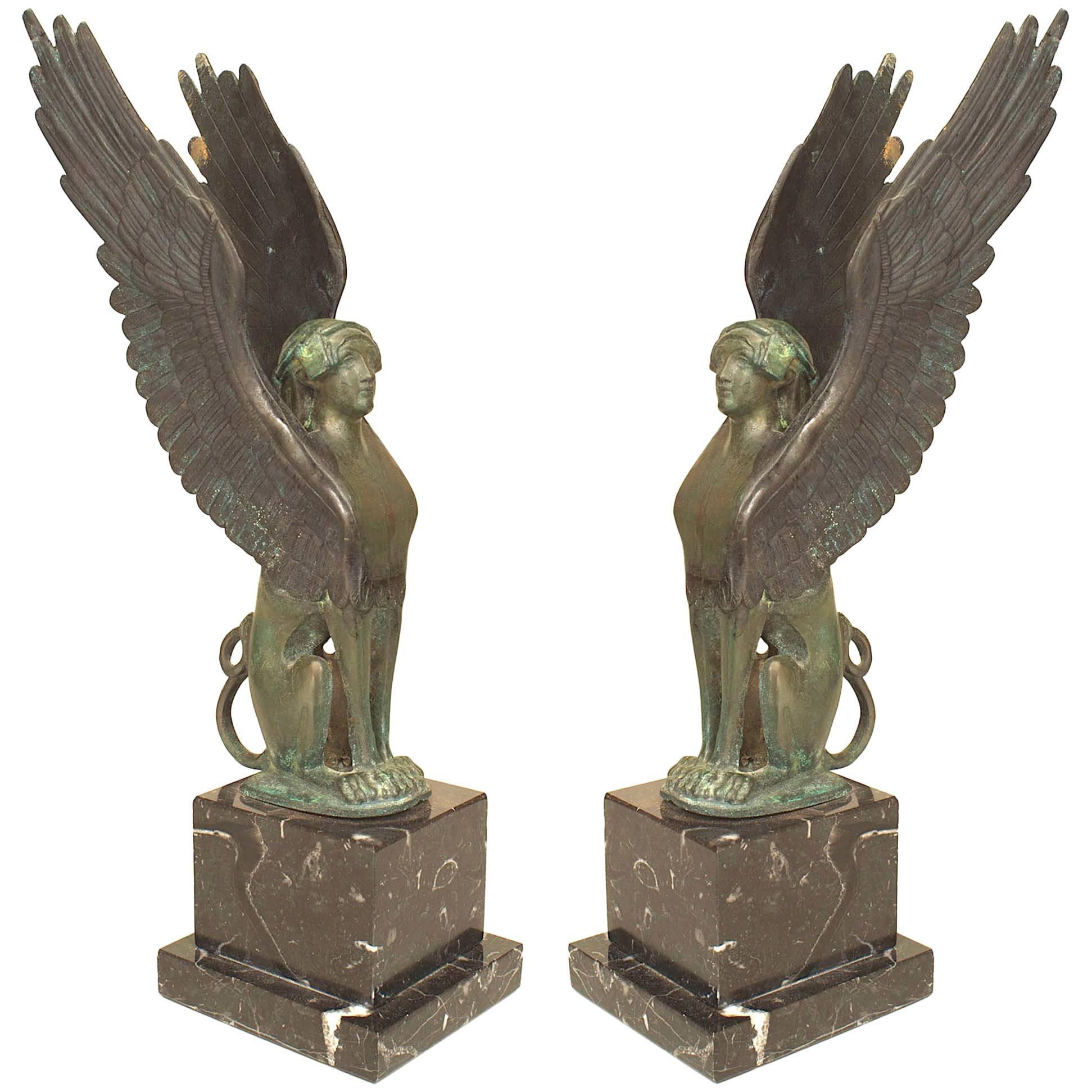 Pair of French Empire Green Patinated Spinxes