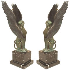 Pair of French Empire Green Patinated Spinxes