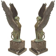 Pair of French Empire Green Patinated Spinxes