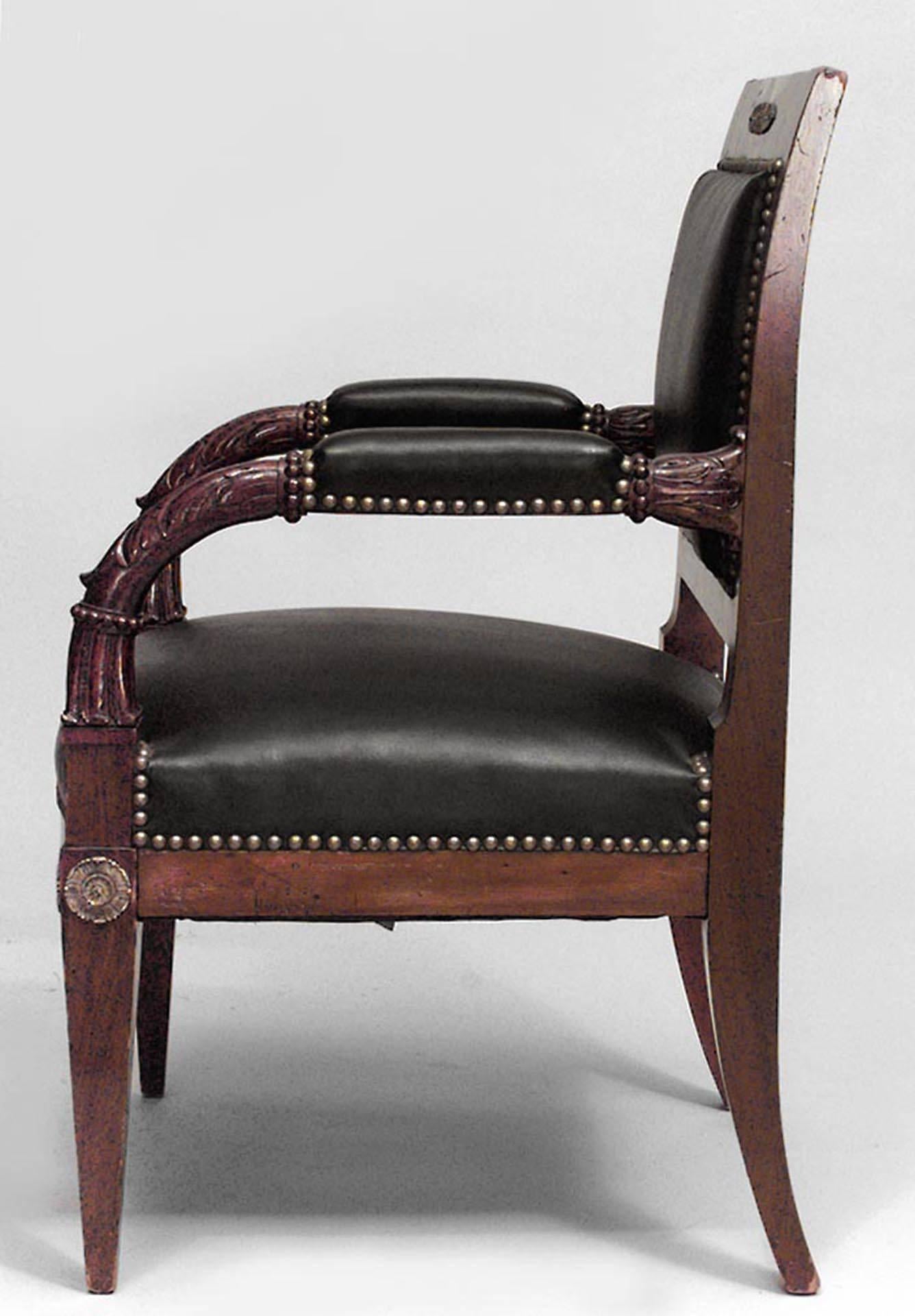 19th Century Pair of French Empire Mahogany Leather Armchairs For Sale