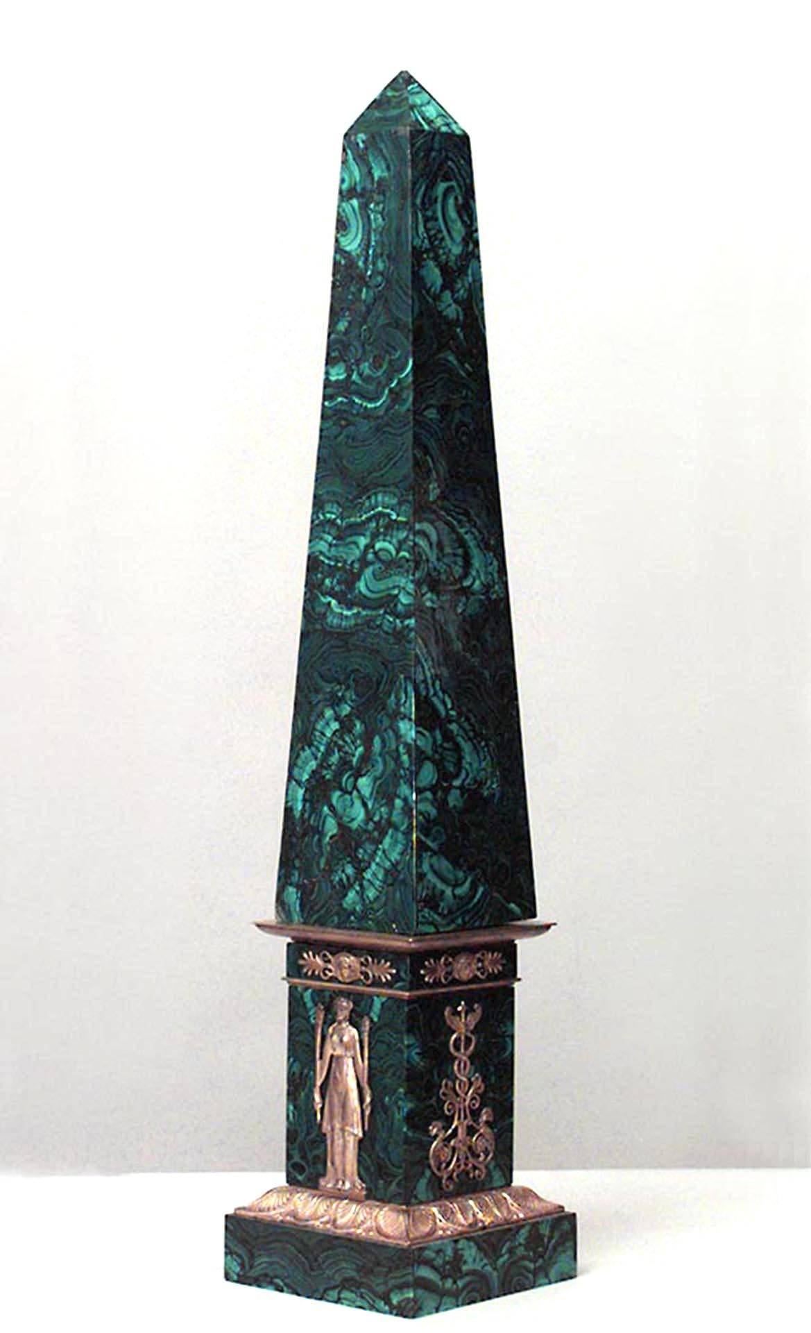 Pair of French Empire-style (19th Century) malachite veneered obelisks with bronze dore trim (Chips on the top) (PRICED AS Pair)
