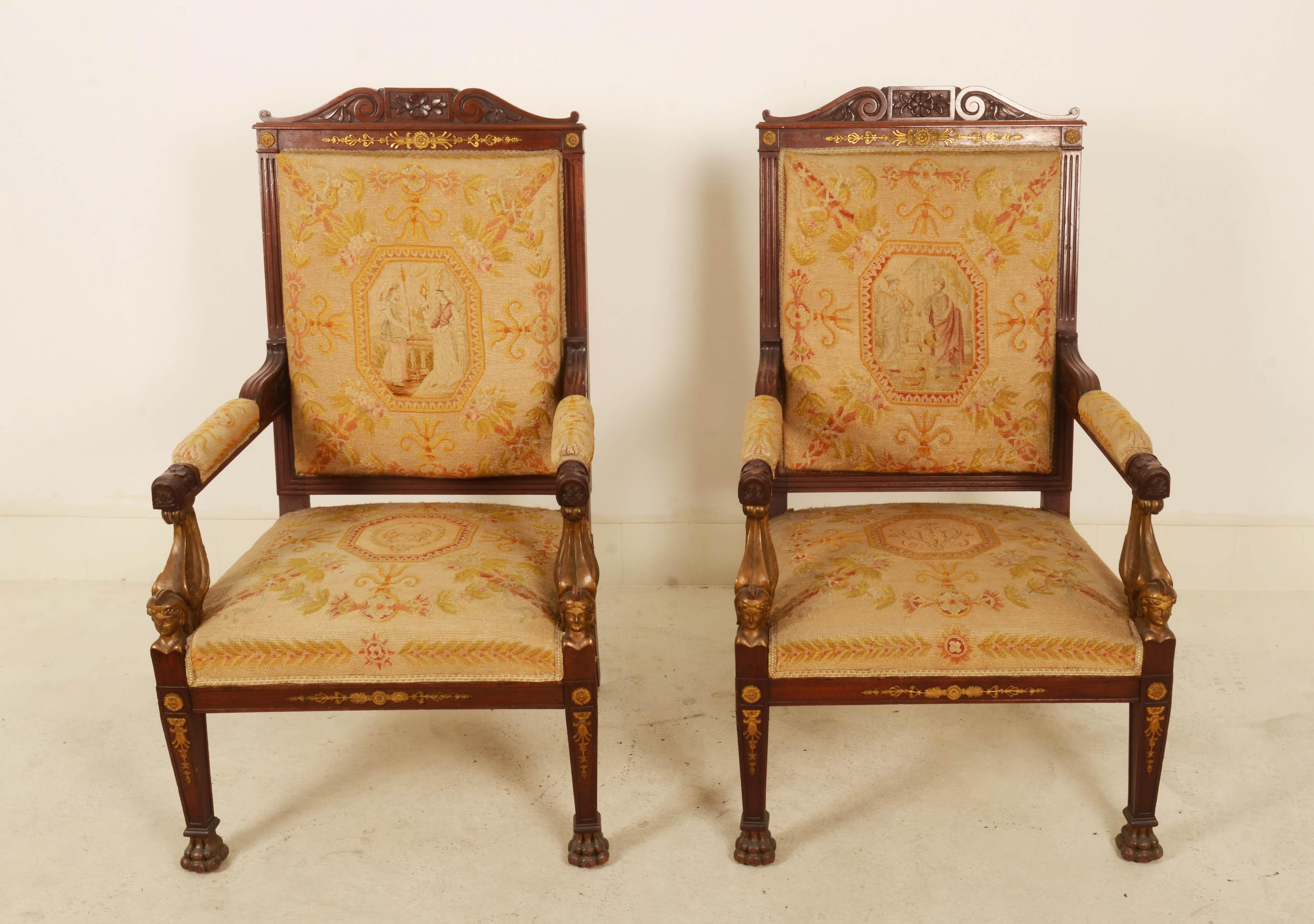 Tapestry Pair of French Empire Style Armchairs For Sale