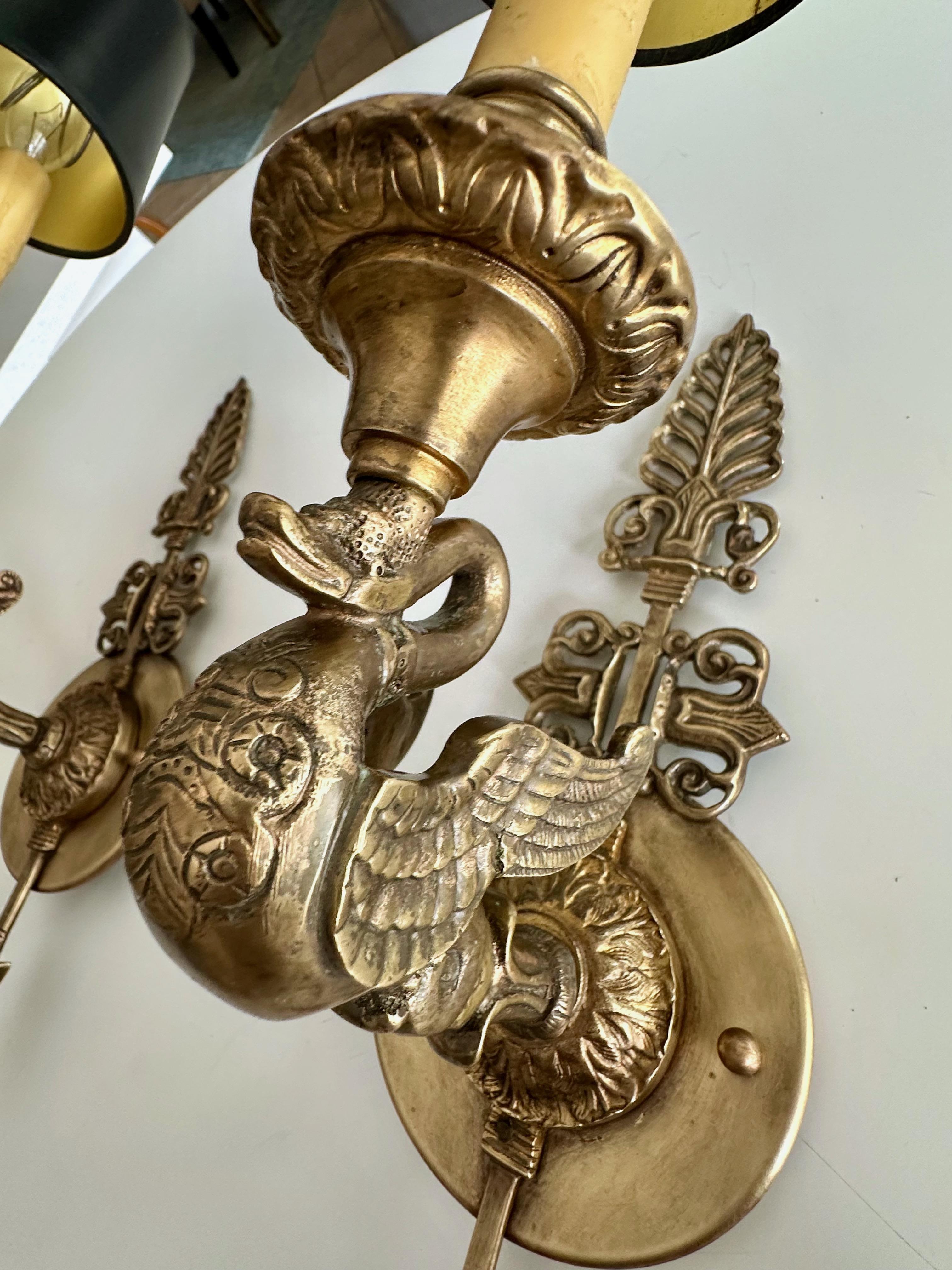Pair of French Empire Style Arrow Swan Wall Sconces en vente 9