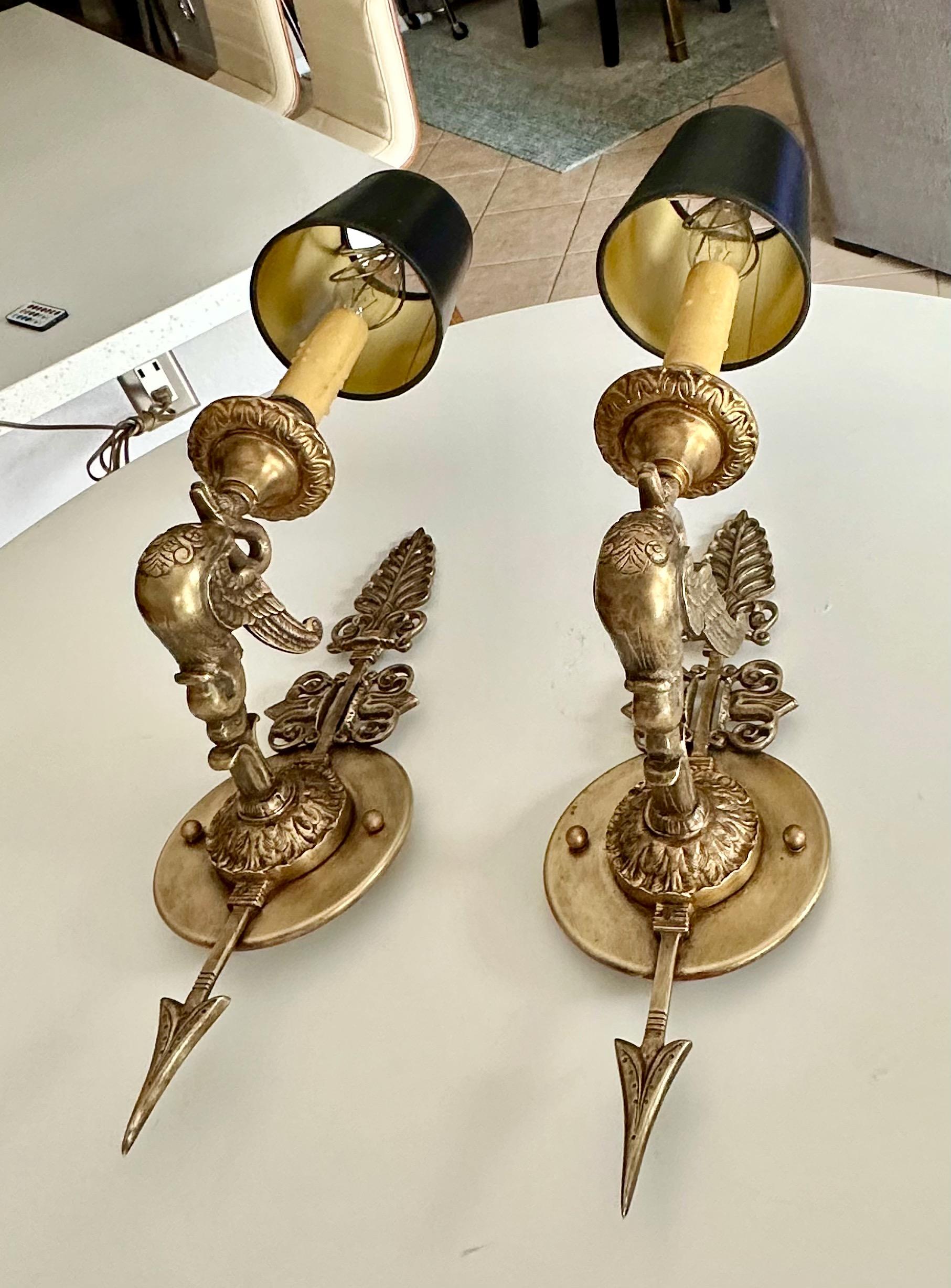 Pair of French Empire Style Arrow Swan Wall Sconces en vente 13