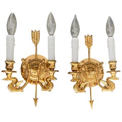 Used Pair of French Empire Style Arrow Swan Wall Sconces