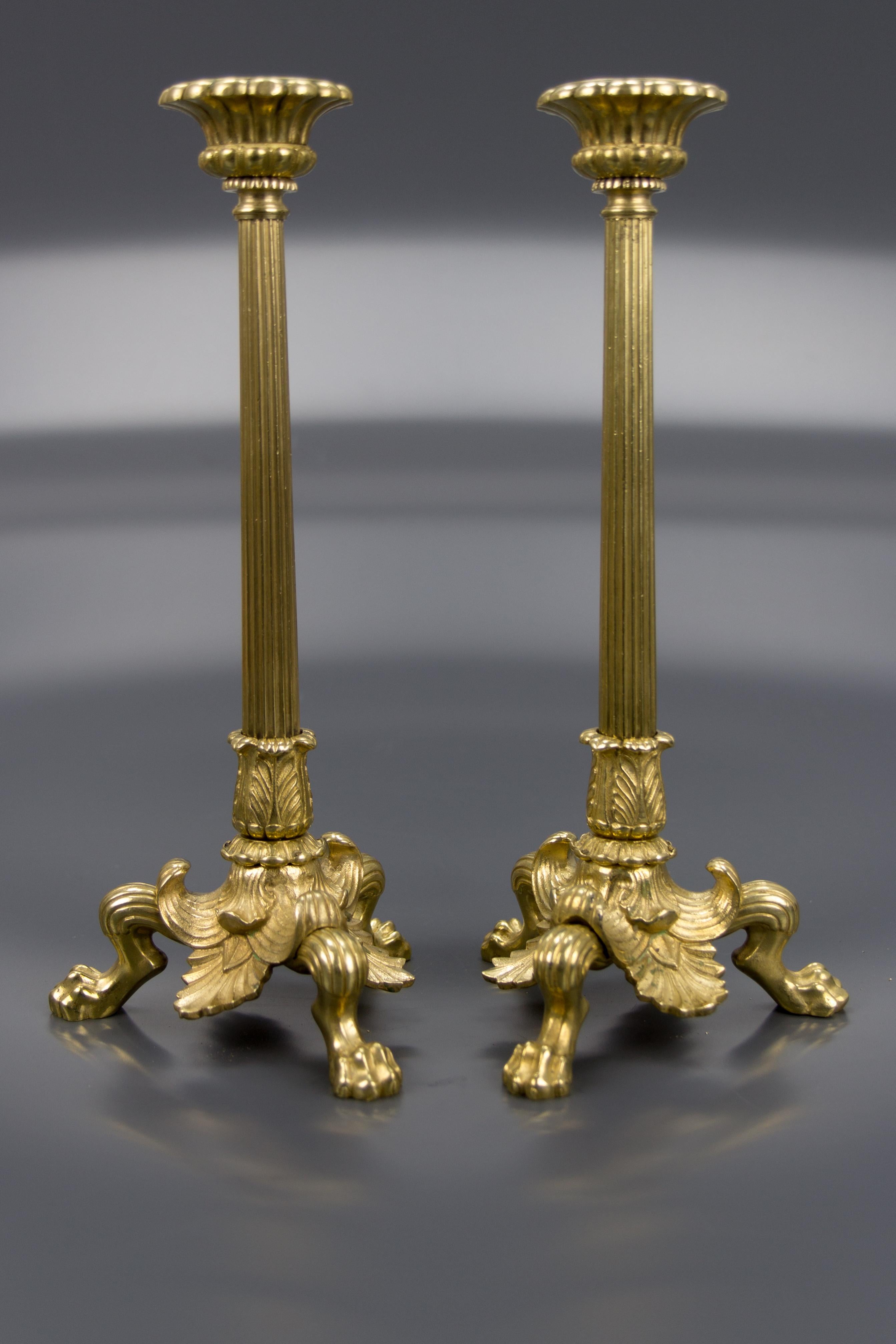 Pair of French Empire Style Brass and Bronze Candlesticks on Tripod Lion Paws 7