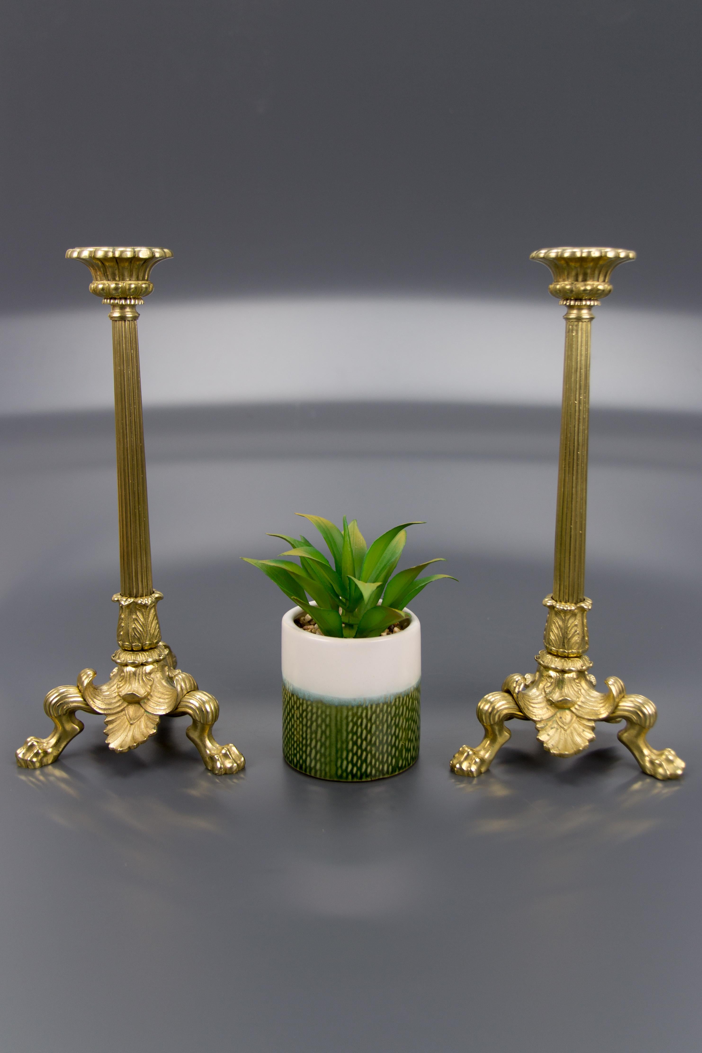 Pair of French Empire Style Brass and Bronze Candlesticks on Tripod Lion Paws 8