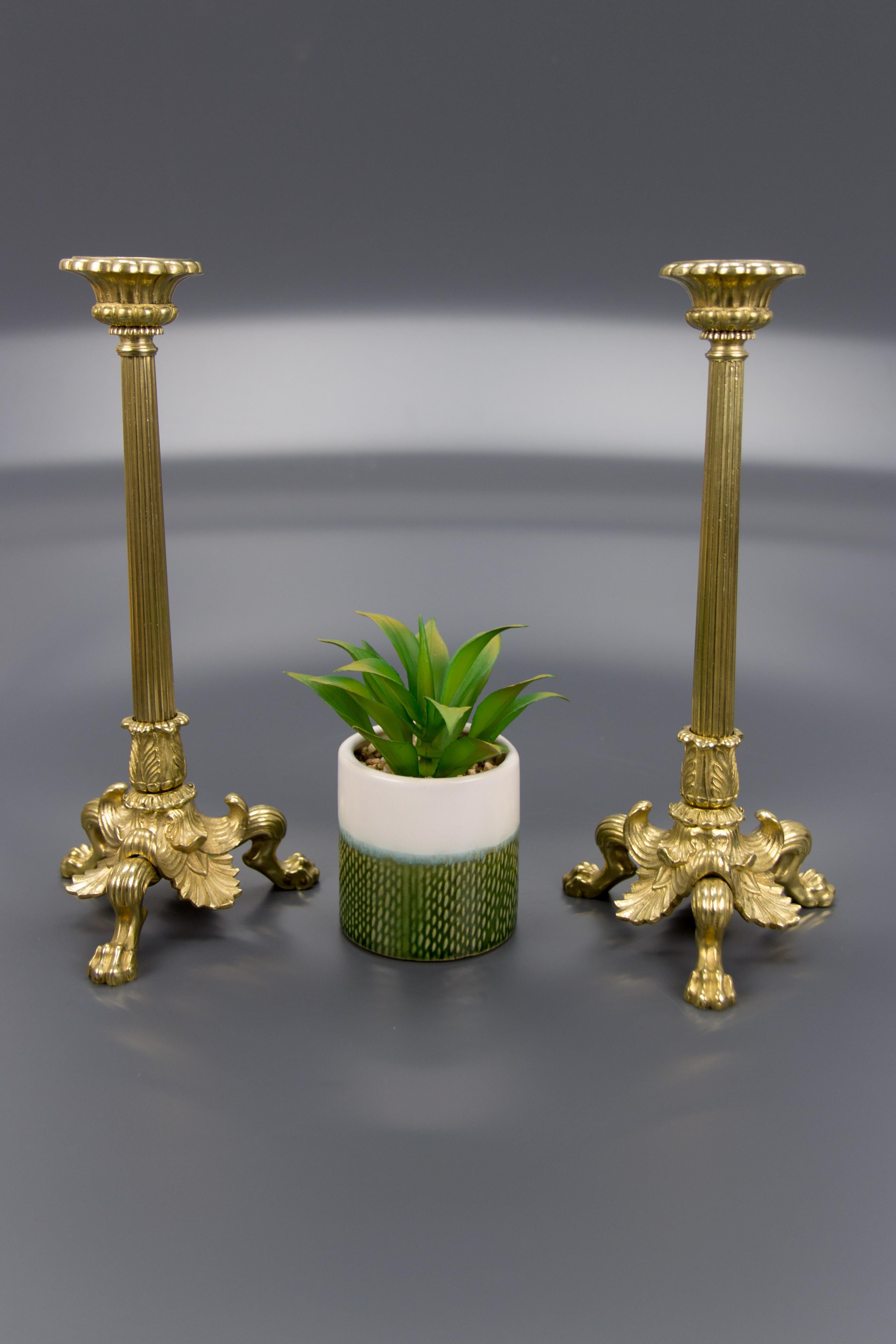 Pair of French Empire Style Brass and Bronze Candlesticks on Tripod Lion Paws 9