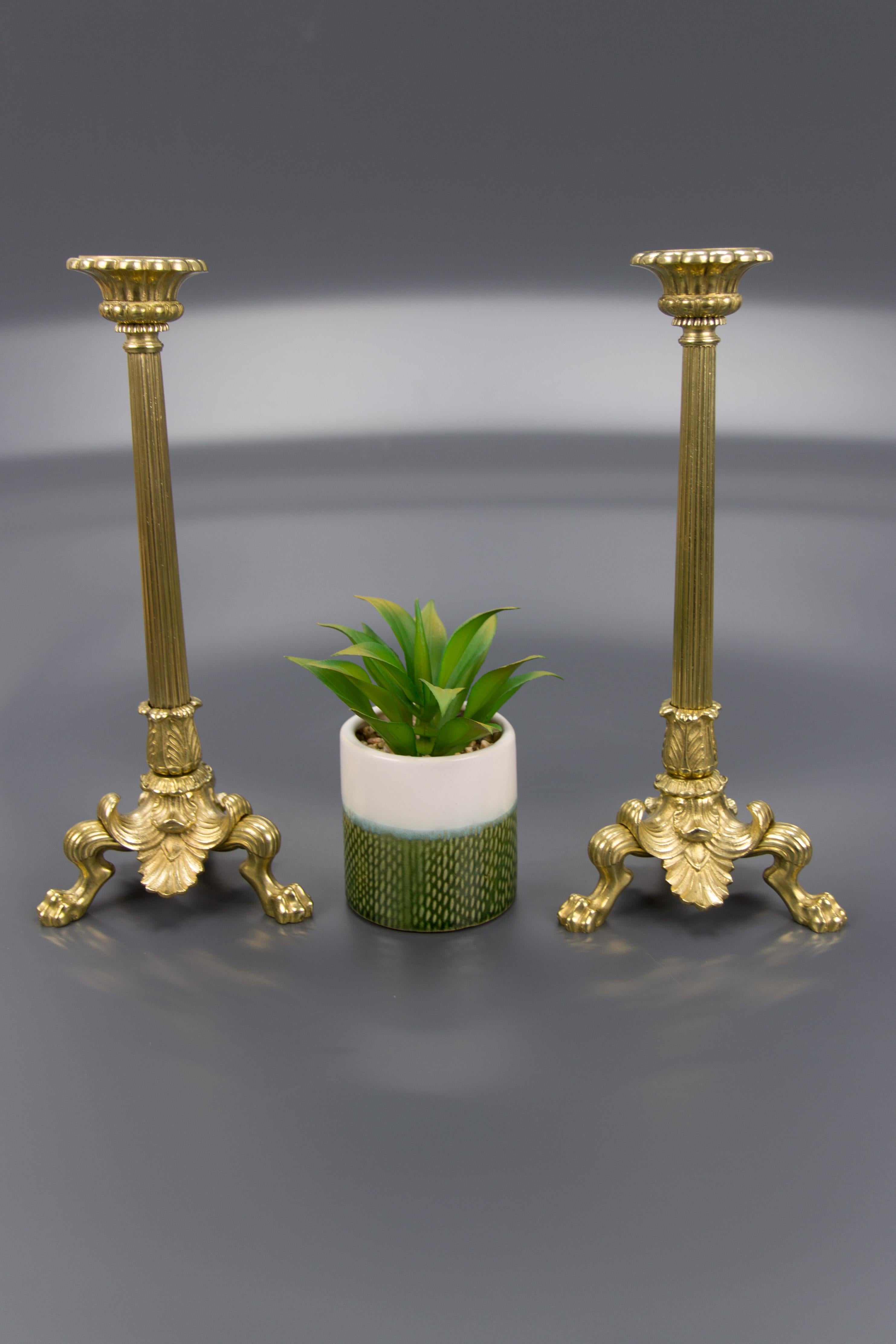 Pair of French Empire Style Brass and Bronze Candlesticks on Tripod Lion Paws 10