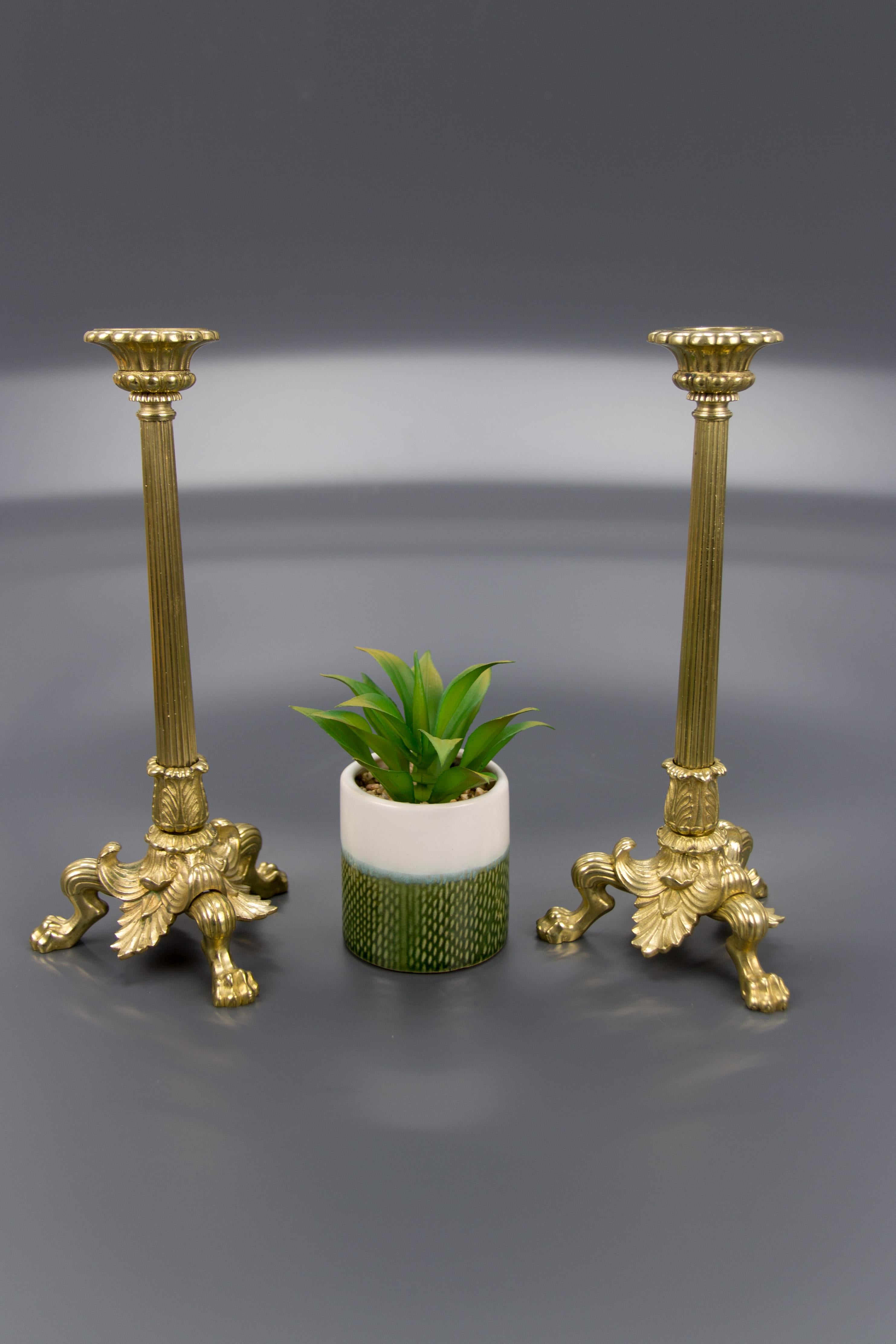 Pair of French Empire Style Brass and Bronze Candlesticks on Tripod Lion Paws 11