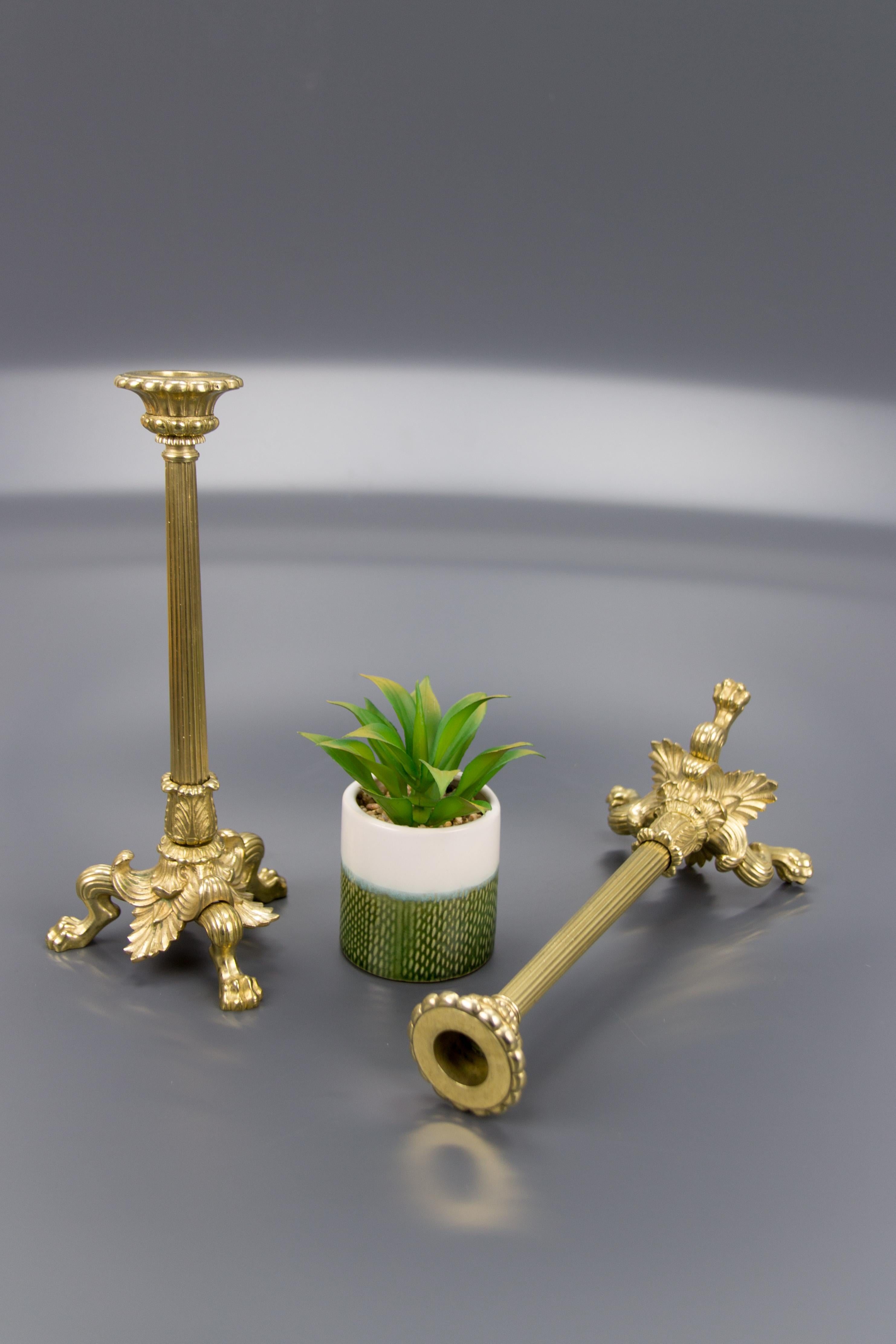 Pair of French Empire Style Brass and Bronze Candlesticks on Tripod Lion Paws 12