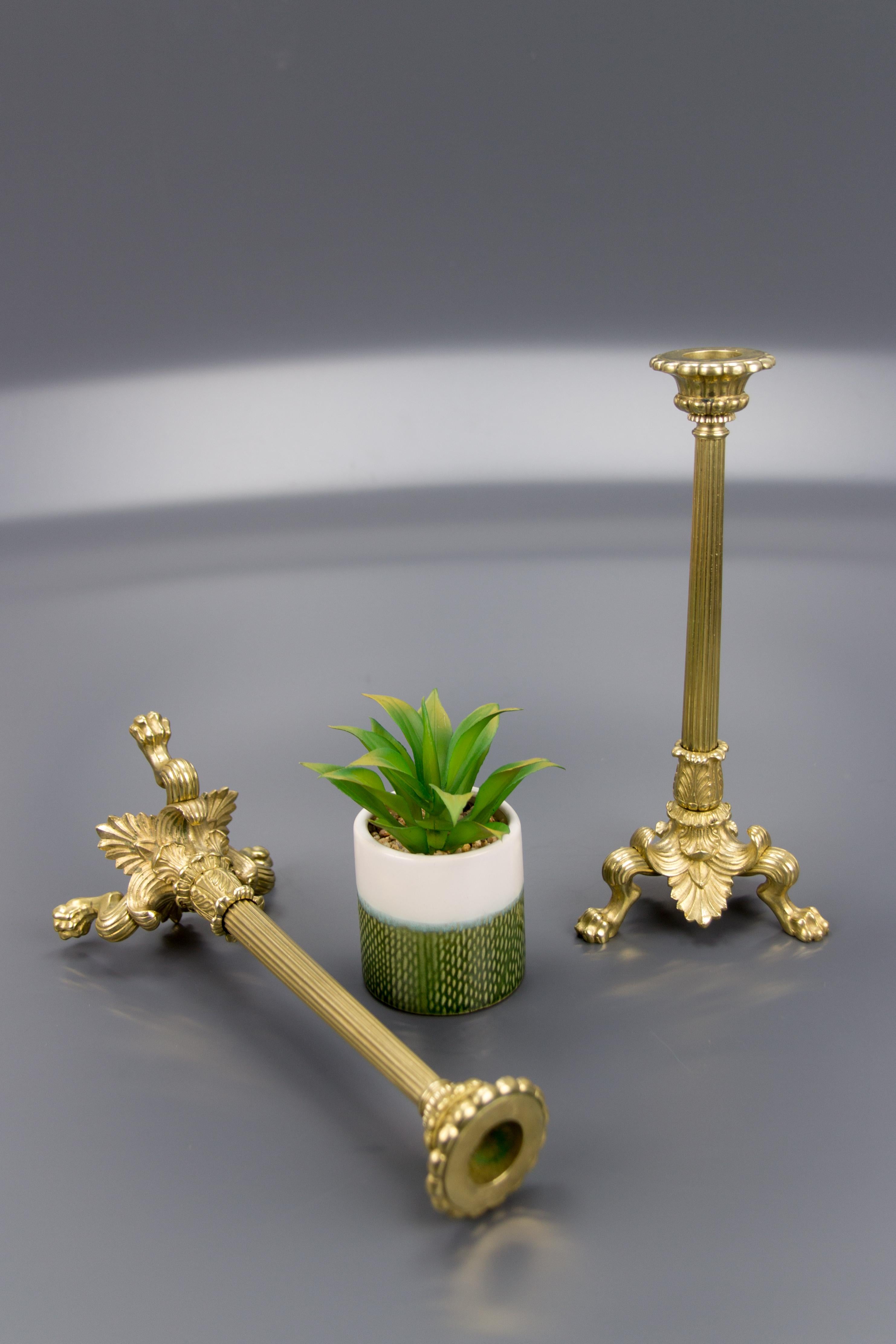 Pair of French Empire Style Brass and Bronze Candlesticks on Tripod Lion Paws 13