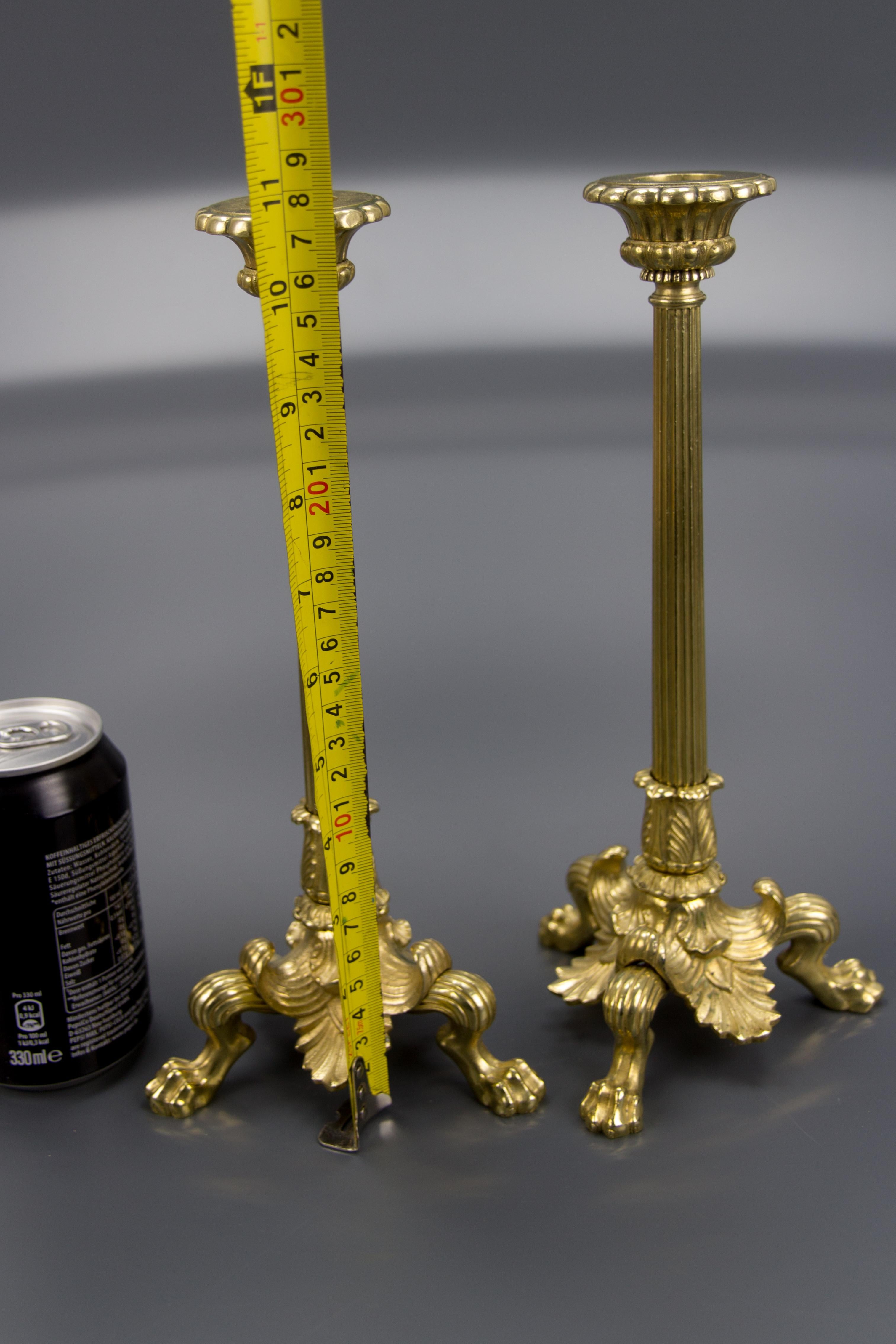 Pair of French Empire Style Brass and Bronze Candlesticks on Tripod Lion Paws 14
