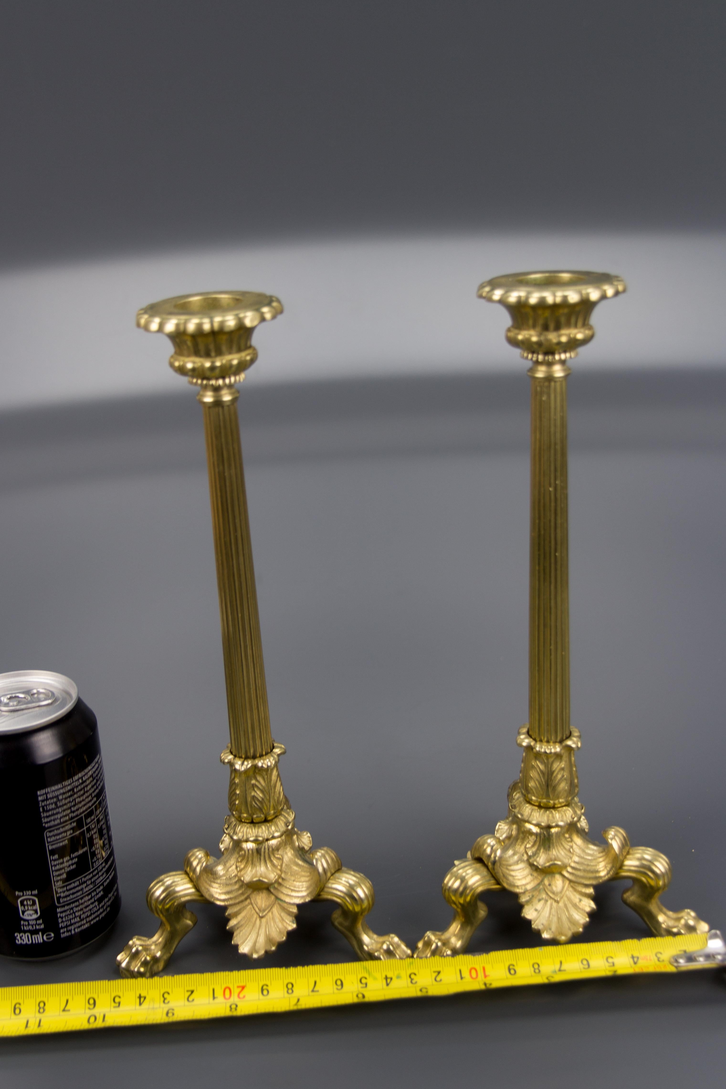 Pair of French Empire Style Brass and Bronze Candlesticks on Tripod Lion Paws 15