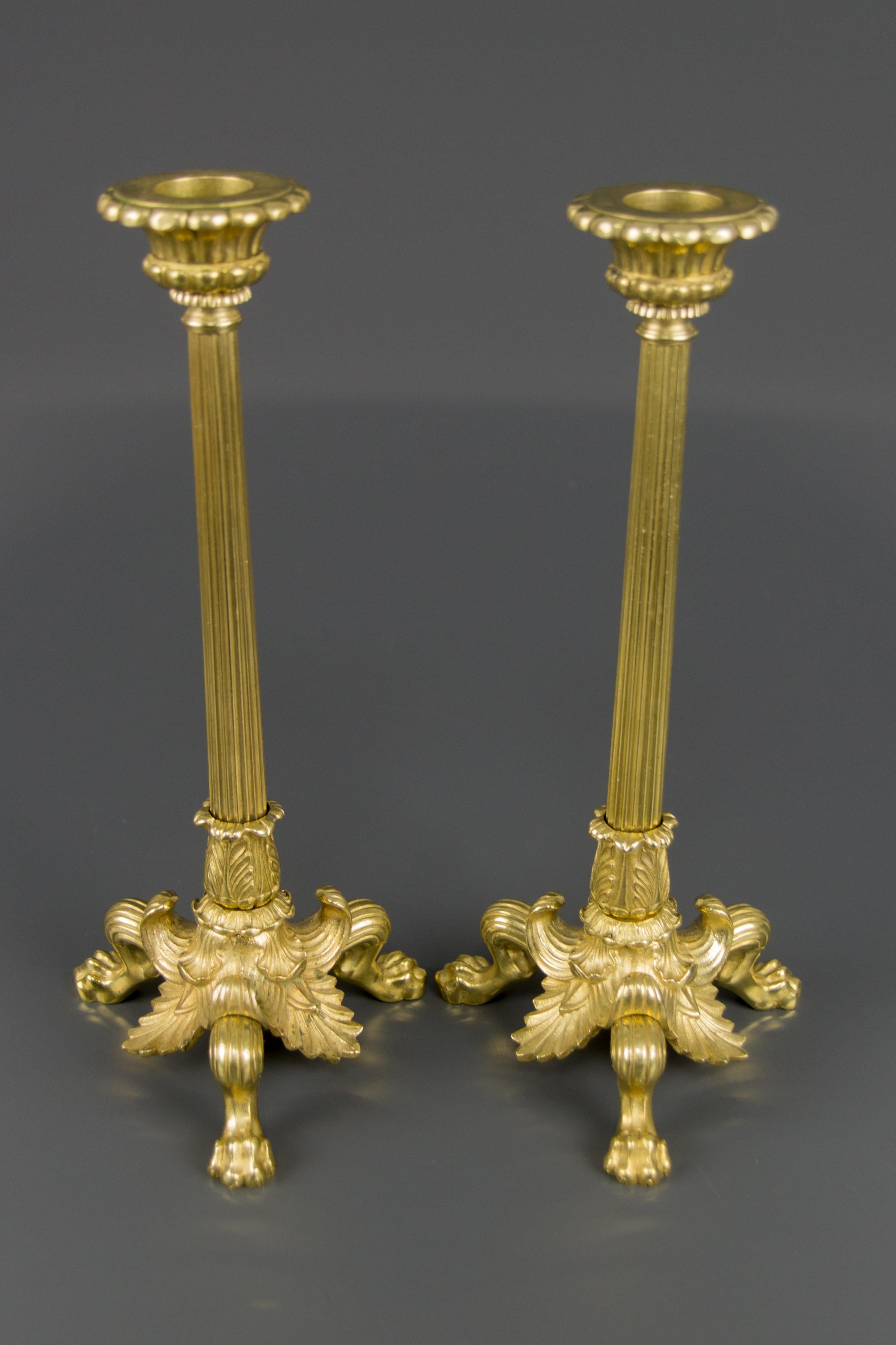 Pair of French Empire Style Brass and Bronze Candlesticks on Tripod Lion Paws 16