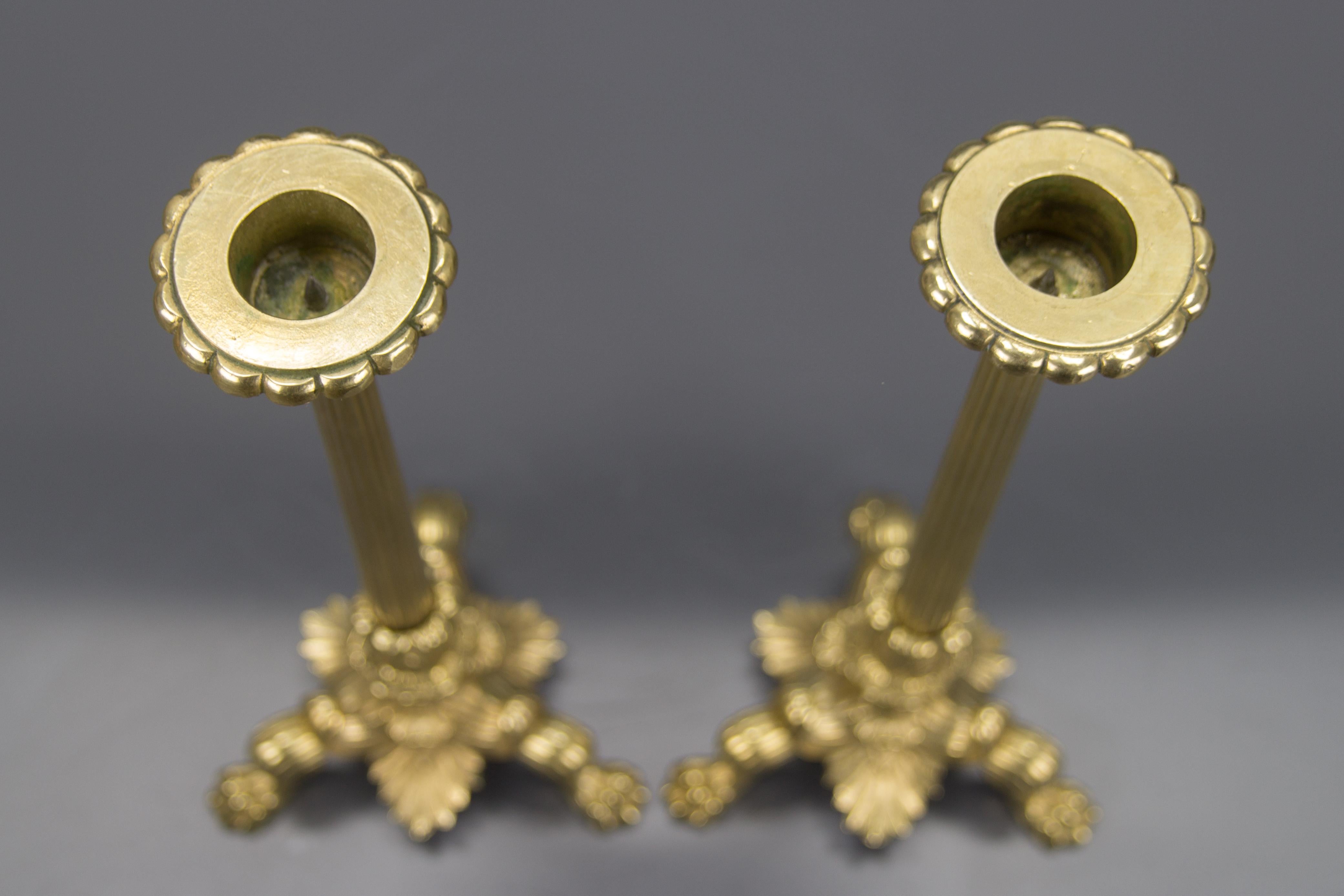 Pair of French Empire Style Brass and Bronze Candlesticks on Tripod Lion Paws 1