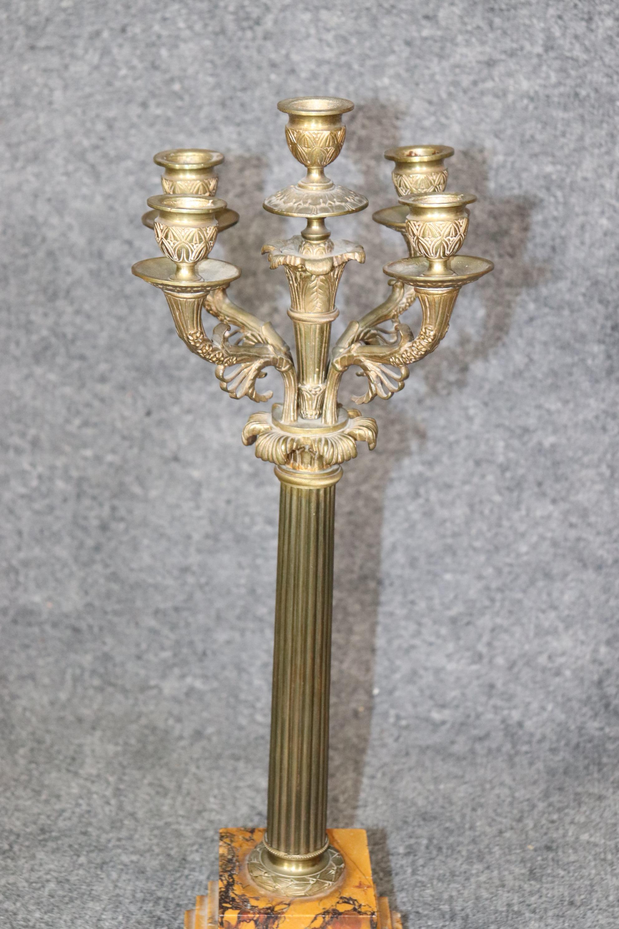Pair of French Empire Style Brass and Marble Candelabras  For Sale 5