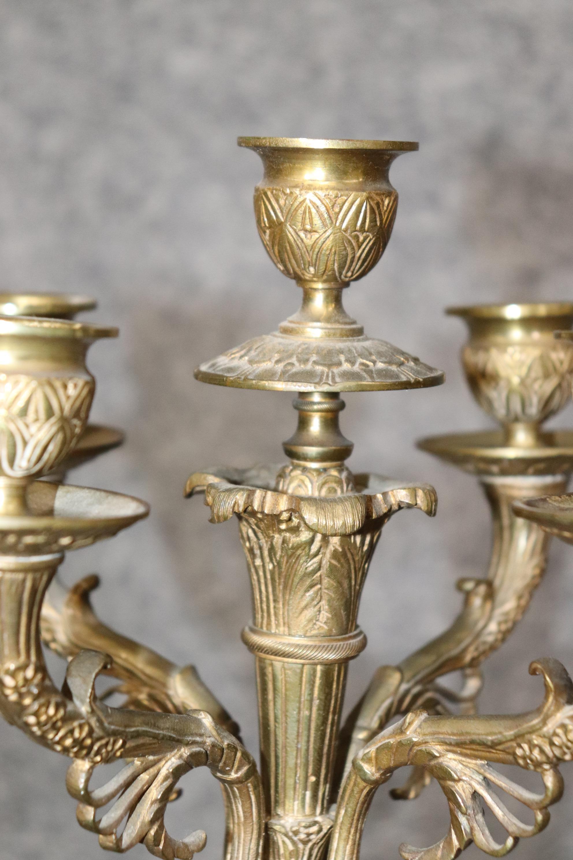 Pair of French Empire Style Brass and Marble Candelabras  For Sale 7
