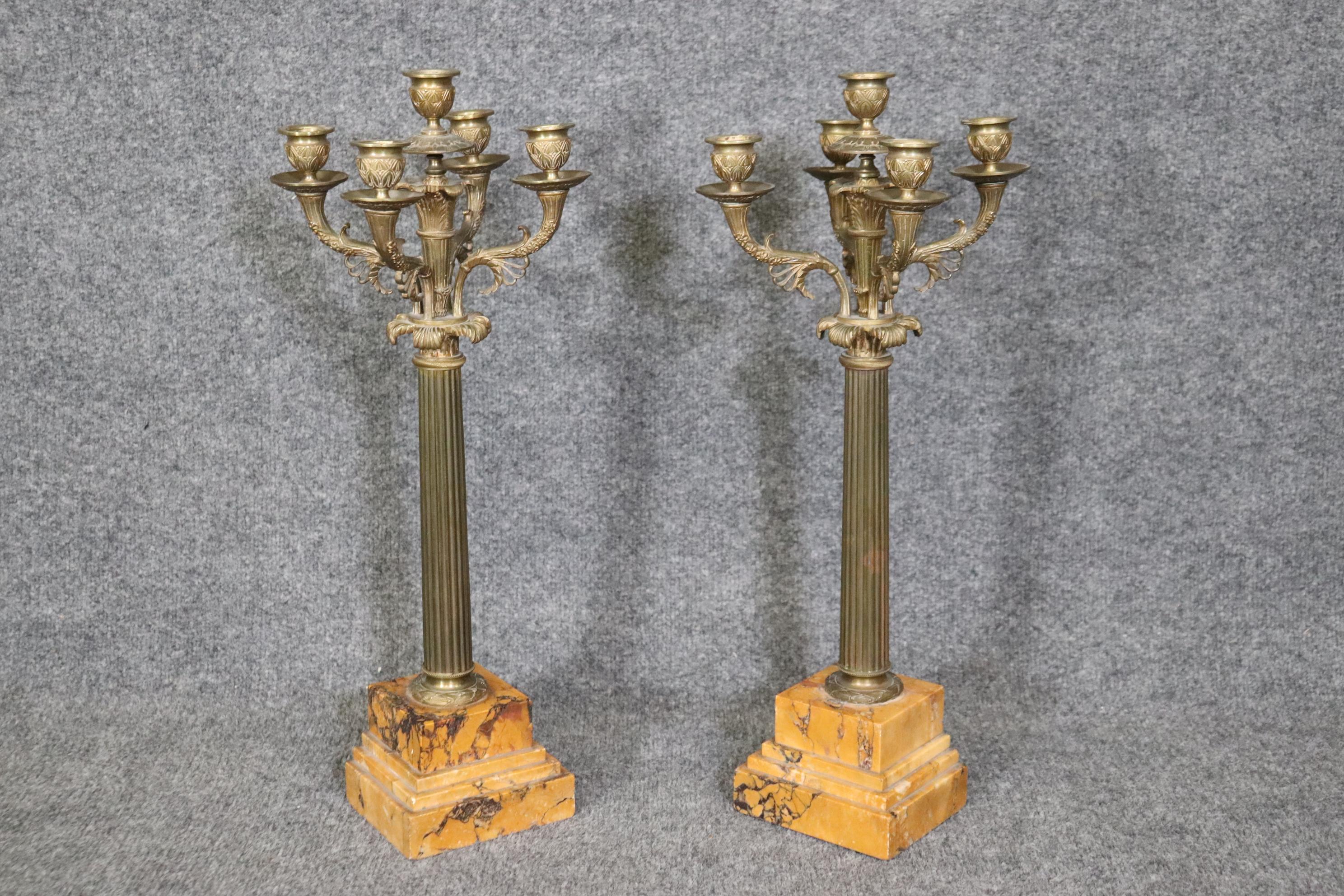 Unknown Pair of French Empire Style Brass and Marble Candelabras  For Sale