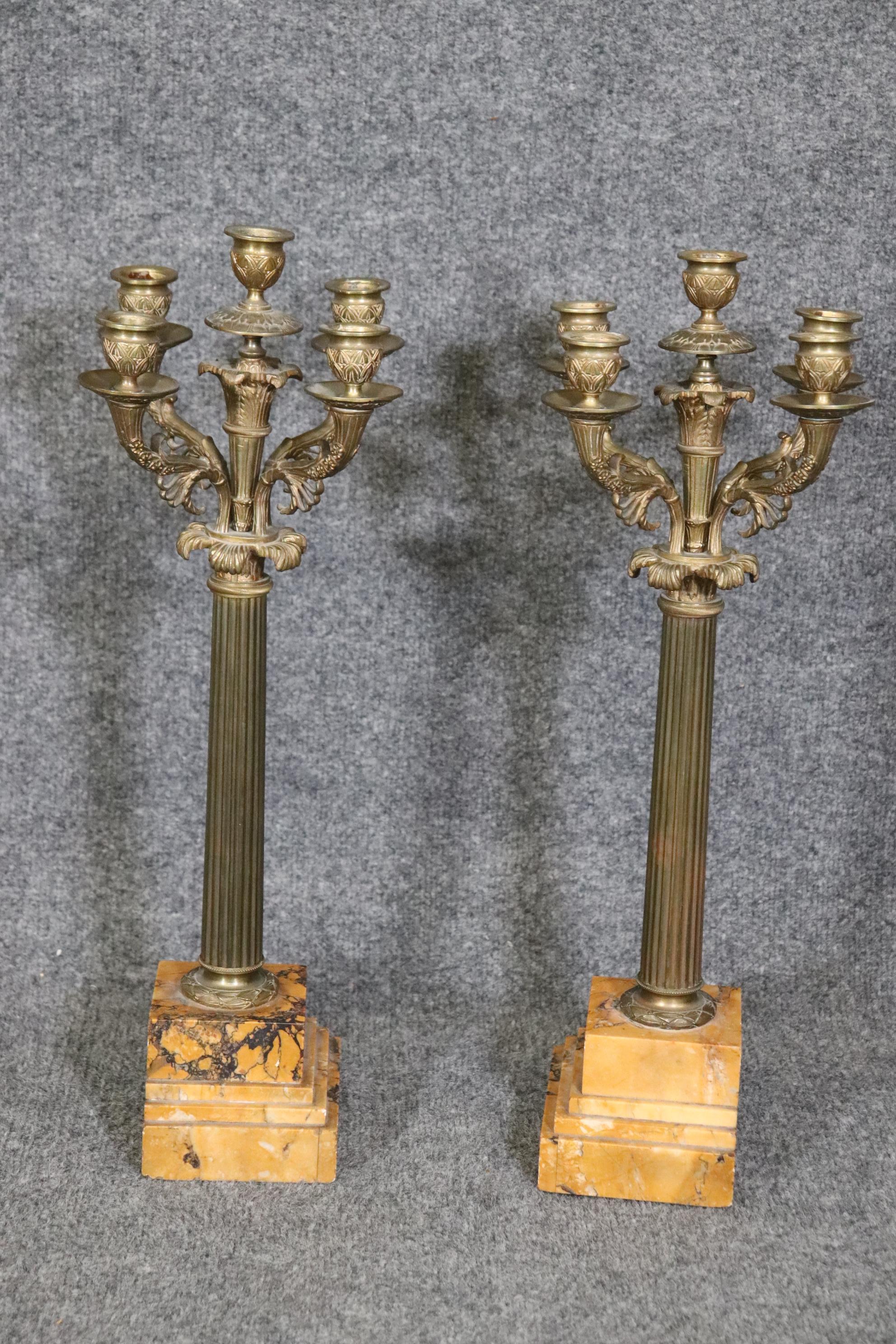 Metalwork Pair of French Empire Style Brass and Marble Candelabras  For Sale