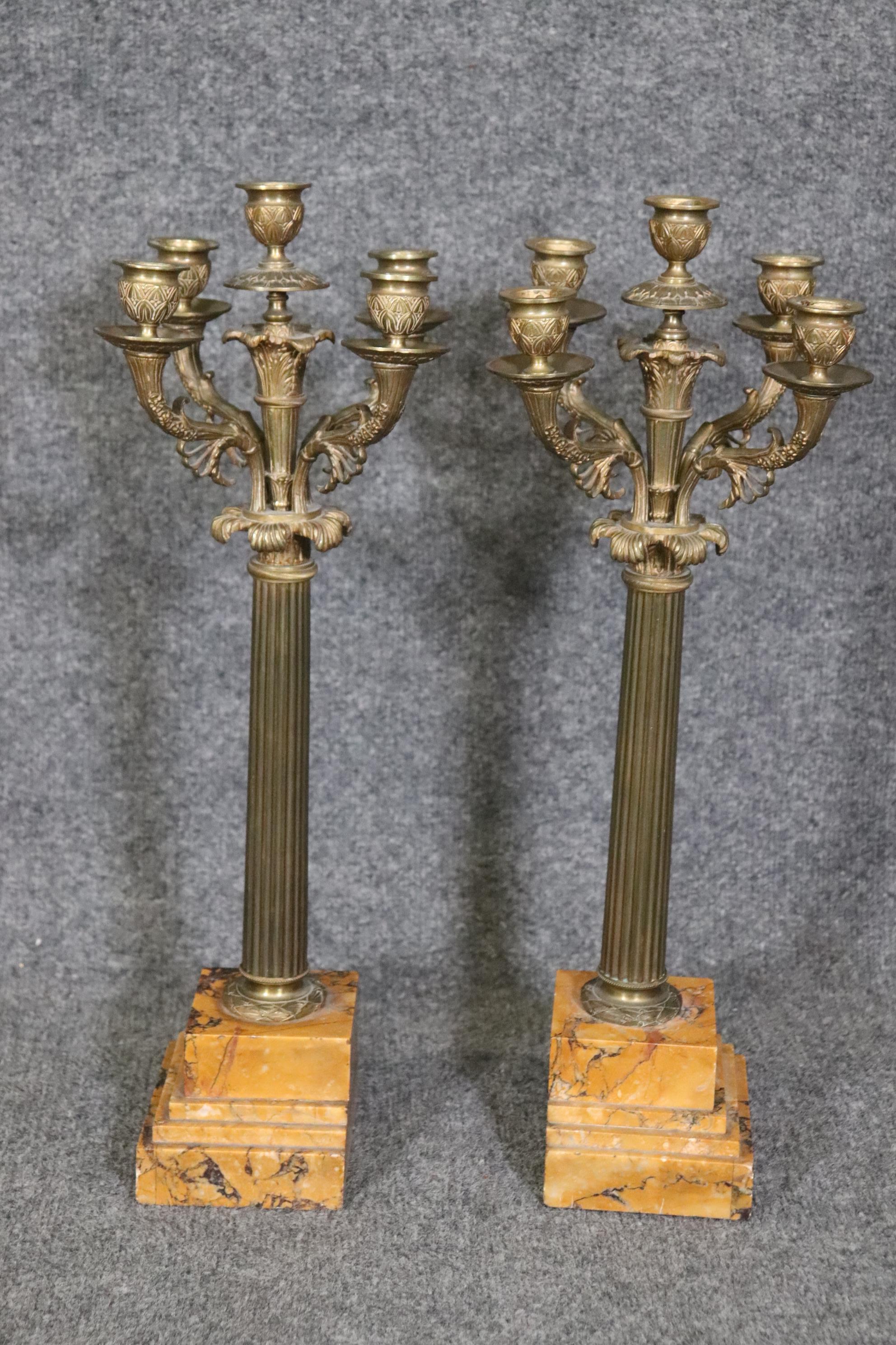 Pair of French Empire Style Brass and Marble Candelabras  In Good Condition For Sale In Swedesboro, NJ