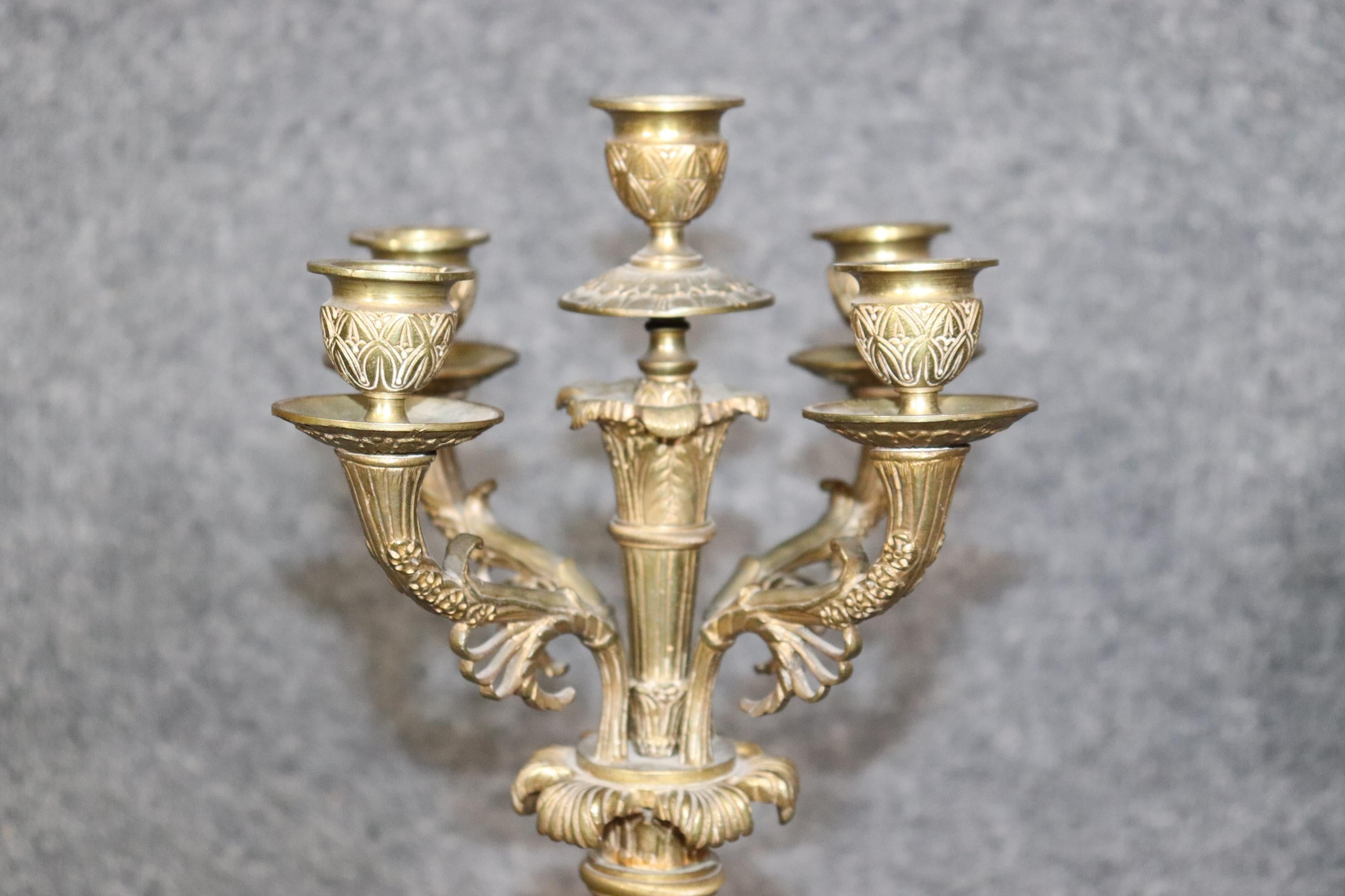 20th Century Pair of French Empire Style Brass and Marble Candelabras  For Sale
