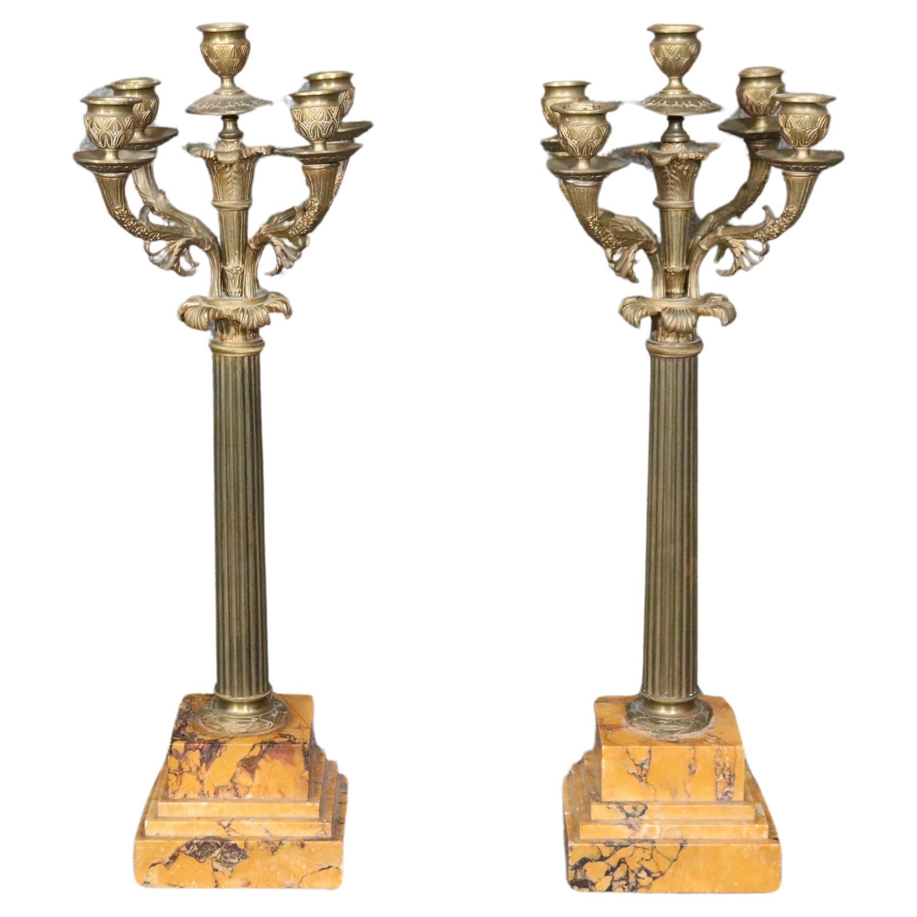Pair of French Empire Style Brass and Marble Candelabras  For Sale