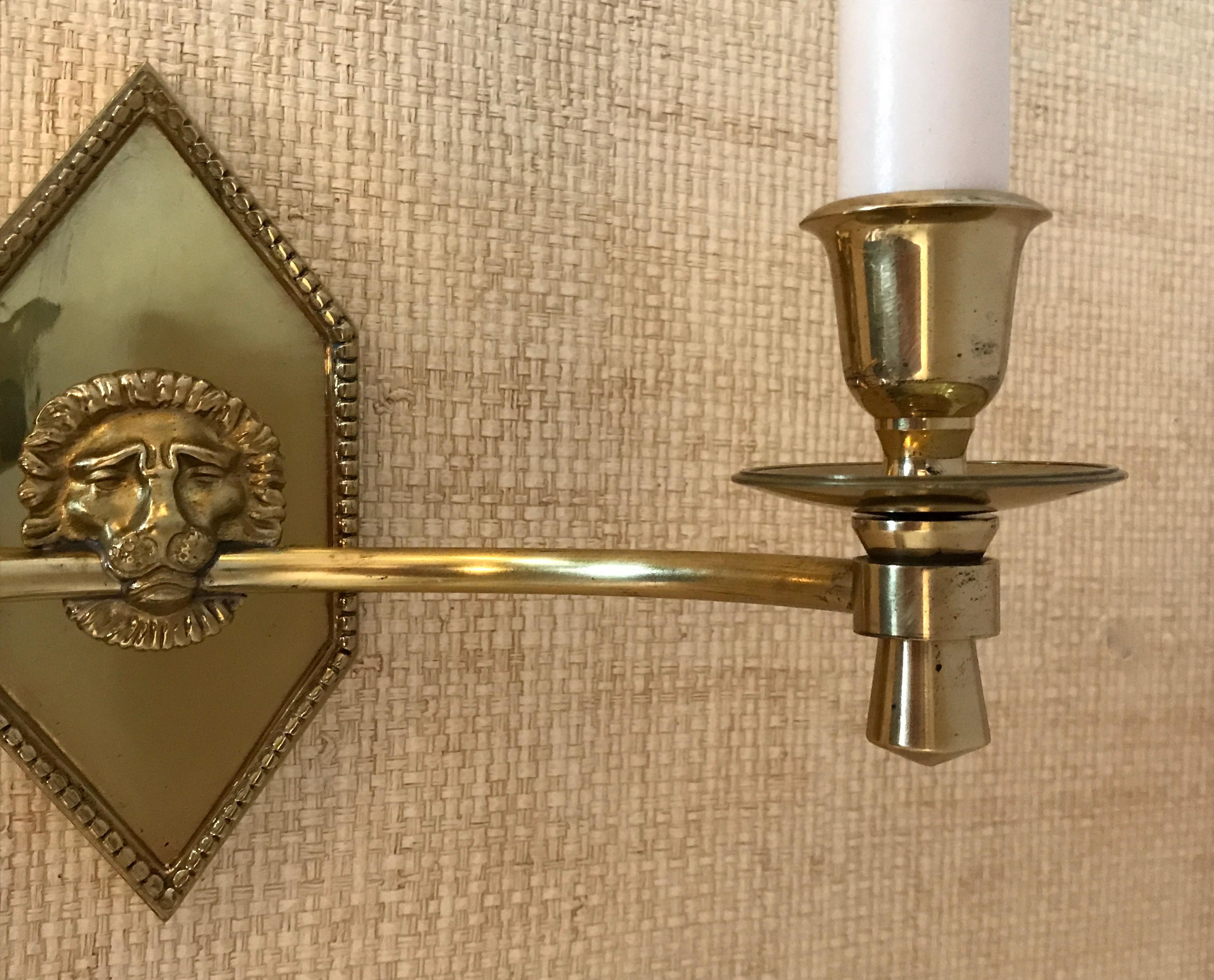 Pair of French Empire Style Brass Lion Wall Sconces 2