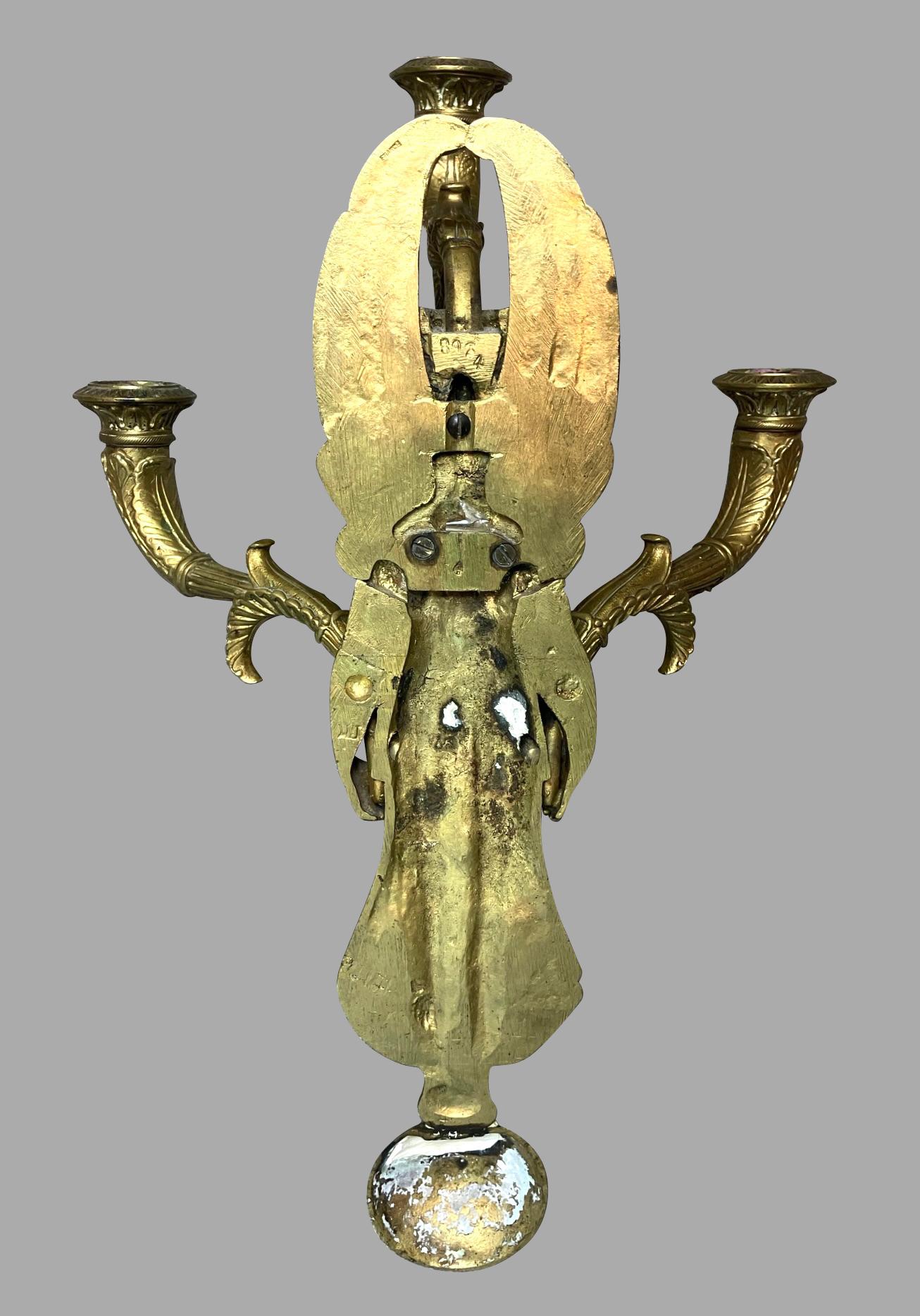 Pair of French Empire Style Brass or Bronze 3 Light Sconces  For Sale 4