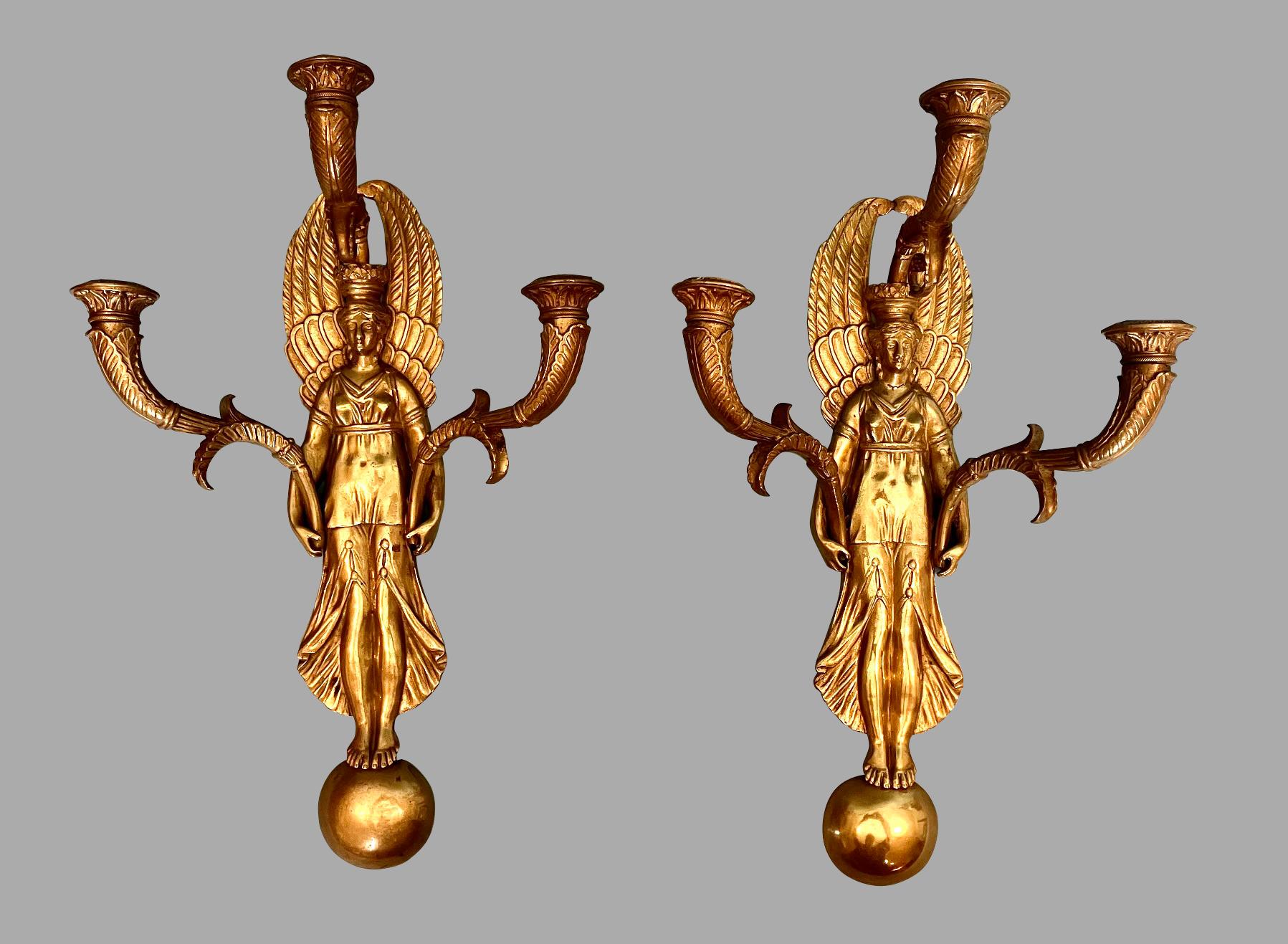 Pair of French Empire Style Brass or Bronze 3 Light Sconces  In Good Condition For Sale In San Francisco, CA