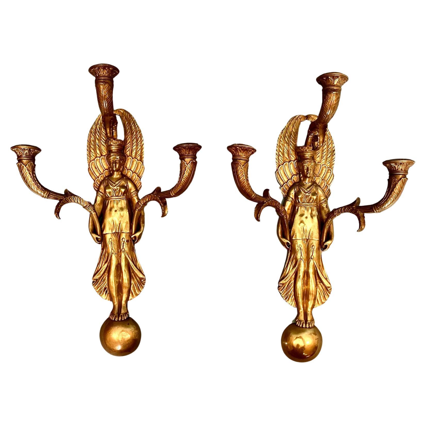 Pair of French Empire Style Brass or Bronze 3 Light Sconces  For Sale
