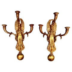 Pair of French Empire Style Brass or Bronze 3 Light Sconces 