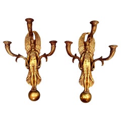 Pair of French Empire Style Brass or Bronze 3 Light Sconces