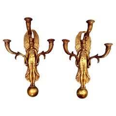 Antique Pair of French Empire Style Brass or Bronze 3 Light Sconces 