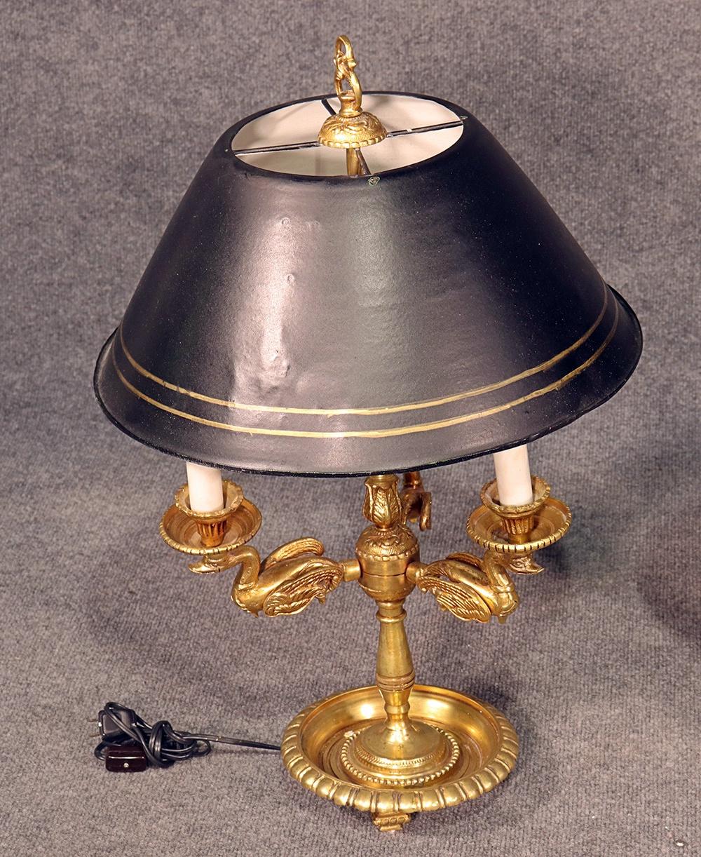 Pair of French Empire Style Brass Swan Bouillotte Table Lamps with Tole Shades In Good Condition In Swedesboro, NJ