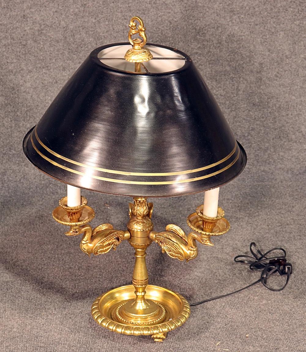 Mid-20th Century Pair of French Empire Style Brass Swan Bouillotte Table Lamps with Tole Shades