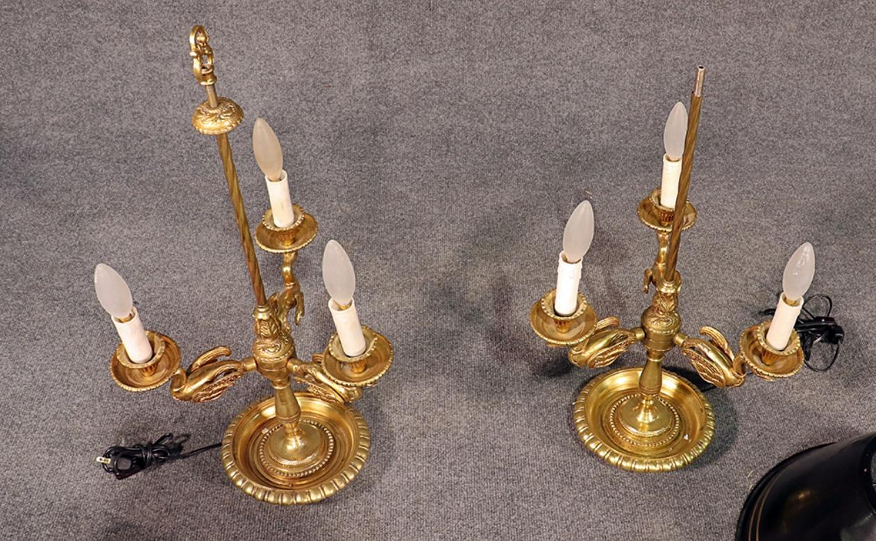 Pair of French Empire Style Brass Swan Bouillotte Table Lamps with Tole Shades 3