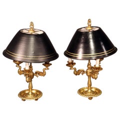 Pair of French Empire Style Brass Swan Bouillotte Table Lamps with Tole Shades