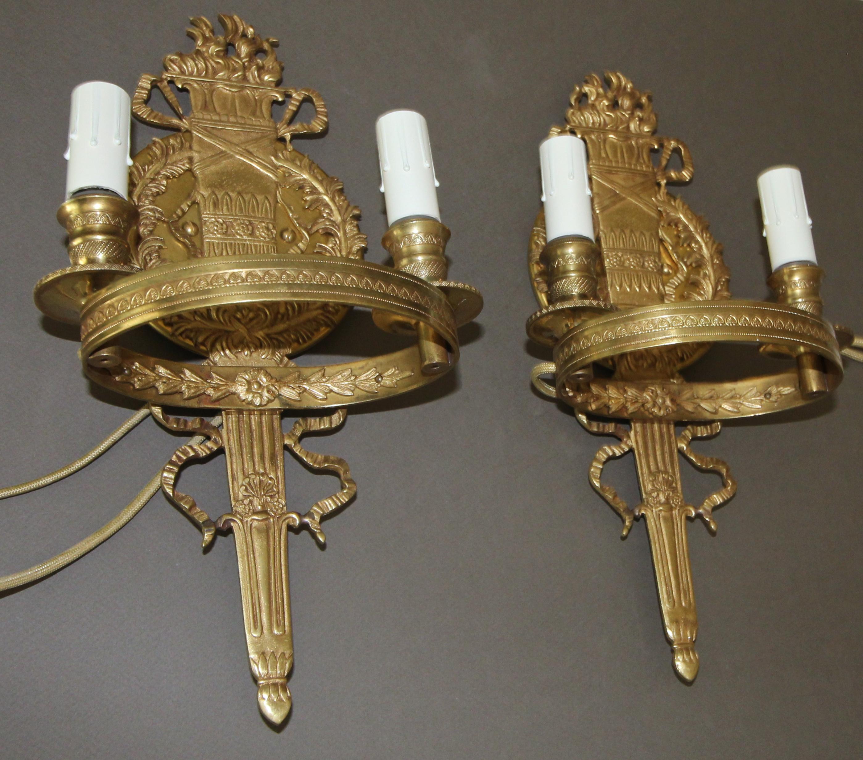Pair of French Empire Style Brass Wall Sconces In Good Condition In Palm Springs, CA